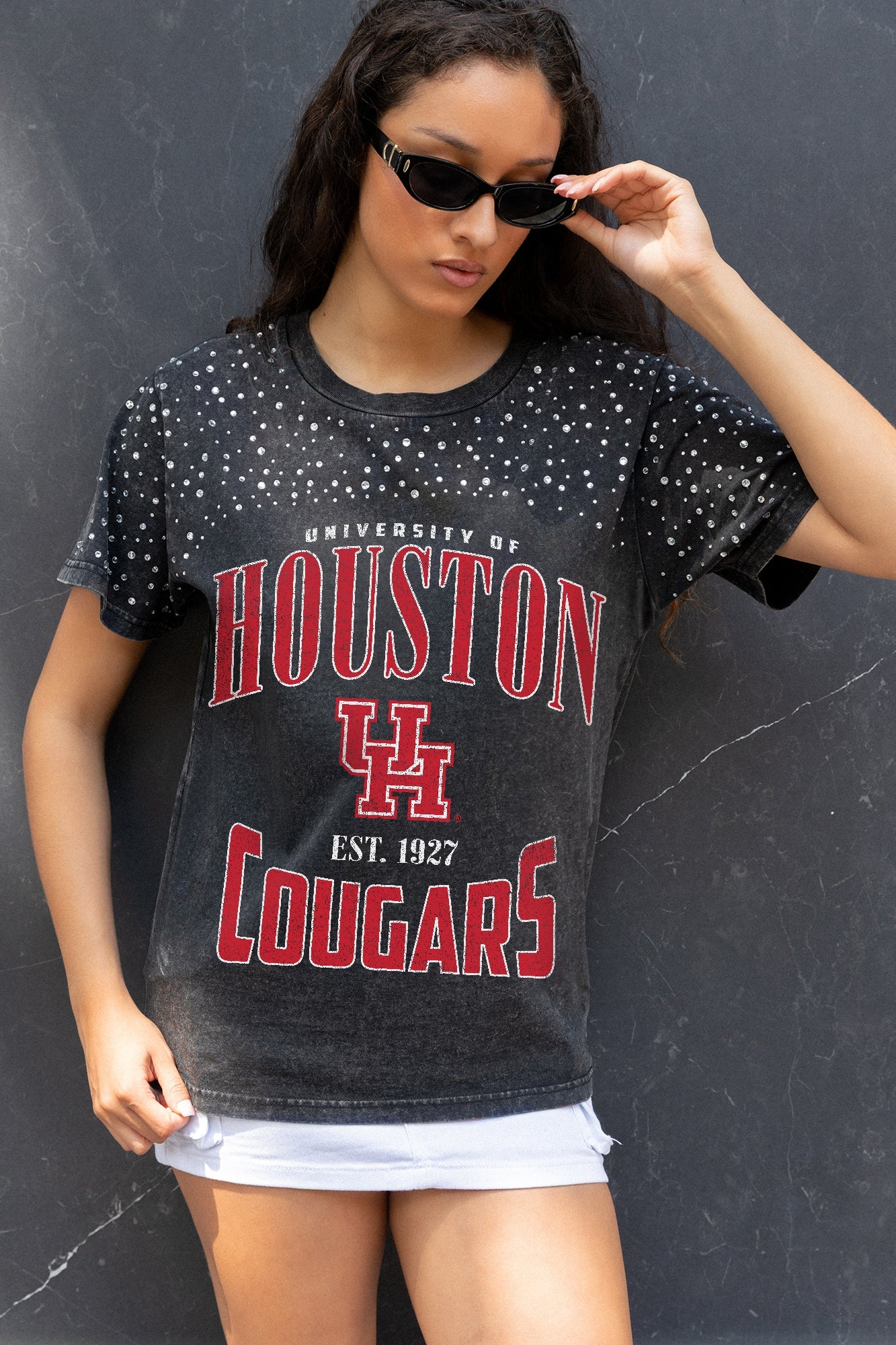 HOUSTON COUGARS IN THE ZONE VINTAGE WASH RHINESTONE TEE
