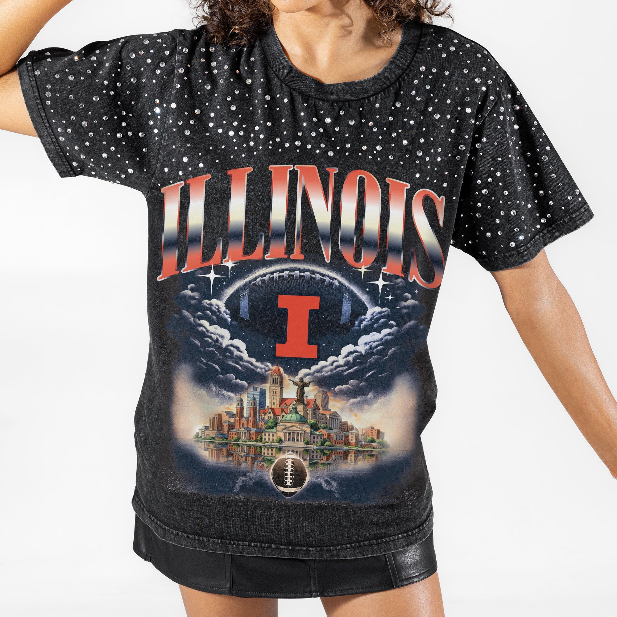 ILLINOIS FIGHTING ILLINI DREAM BIG VINTAGE WASH RHINESTONE TEE