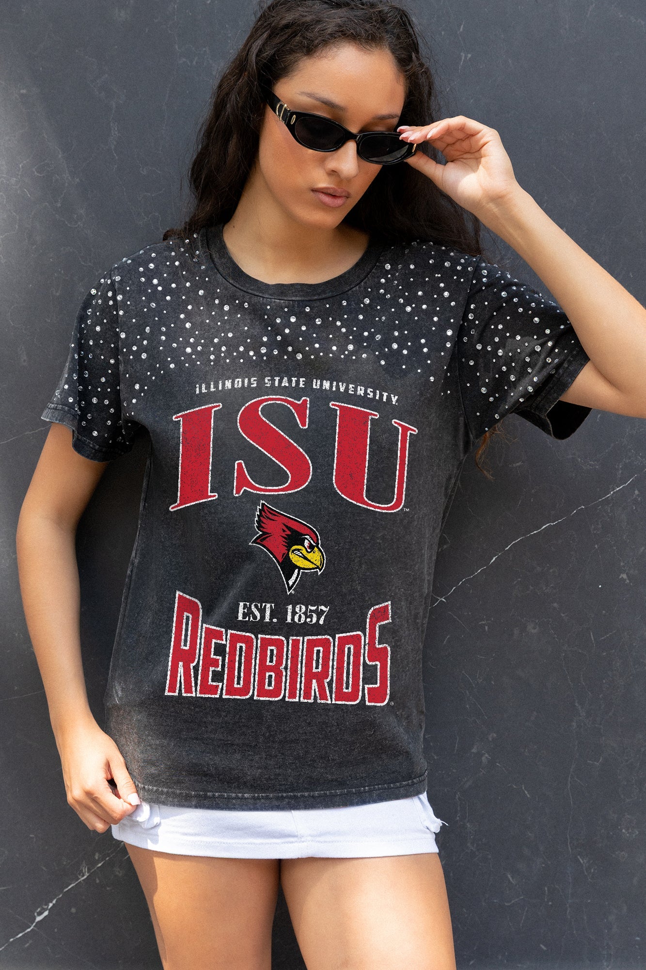 ILLINOIS STATE REDBIRDS IN THE ZONE VINTAGE WASH RHINESTONE TEE