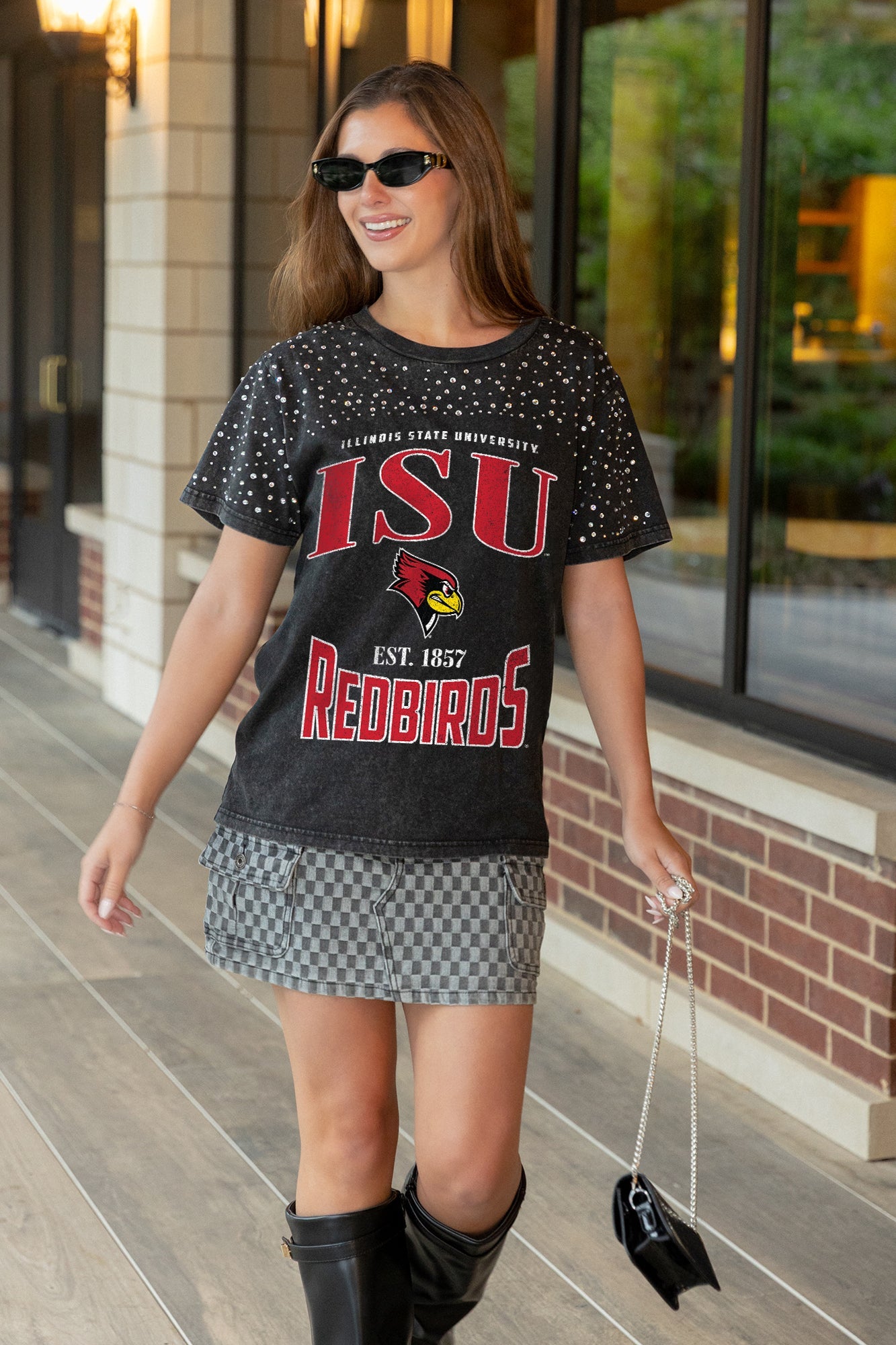 ILLINOIS STATE REDBIRDS IN THE ZONE VINTAGE WASH RHINESTONE TEE
