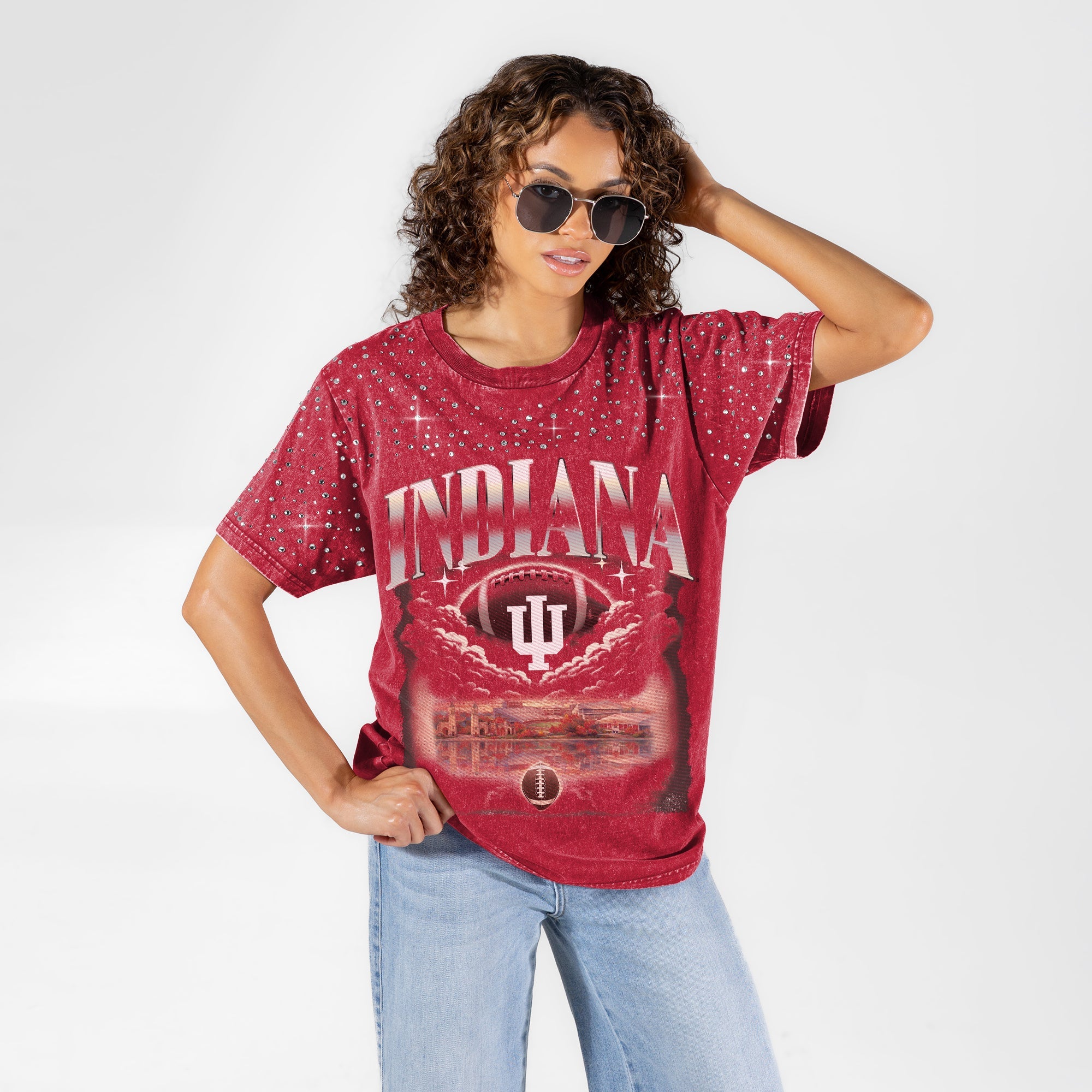 INDIANA HOOSIERS SKY'S THE LIMIT VINTAGE WASH RHINESTONE TEE