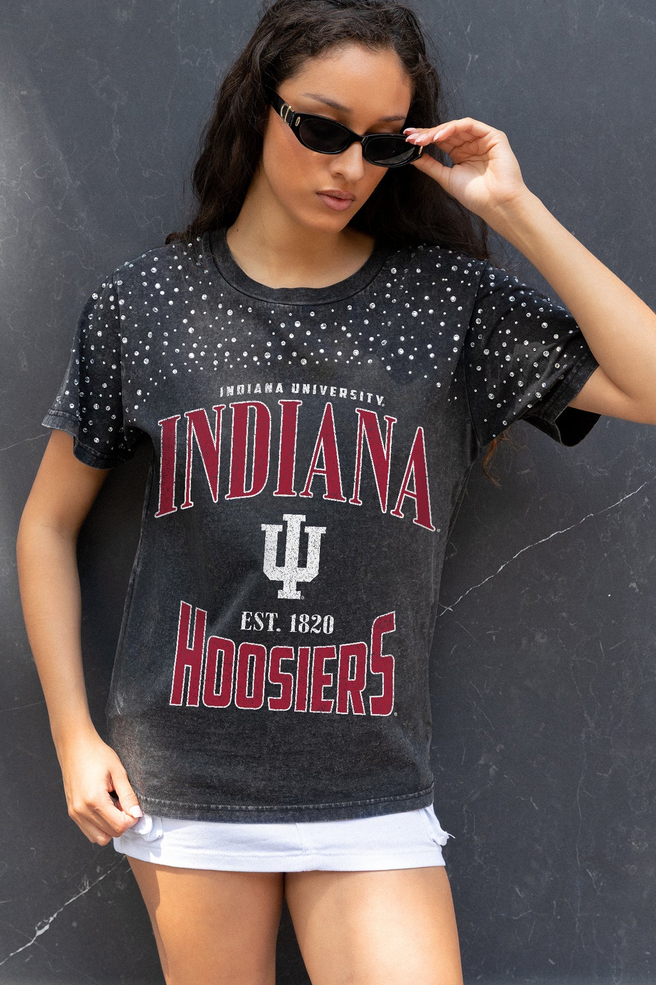 INDIANA HOOSIERS IN THE ZONE VINTAGE WASH RHINESTONE TEE