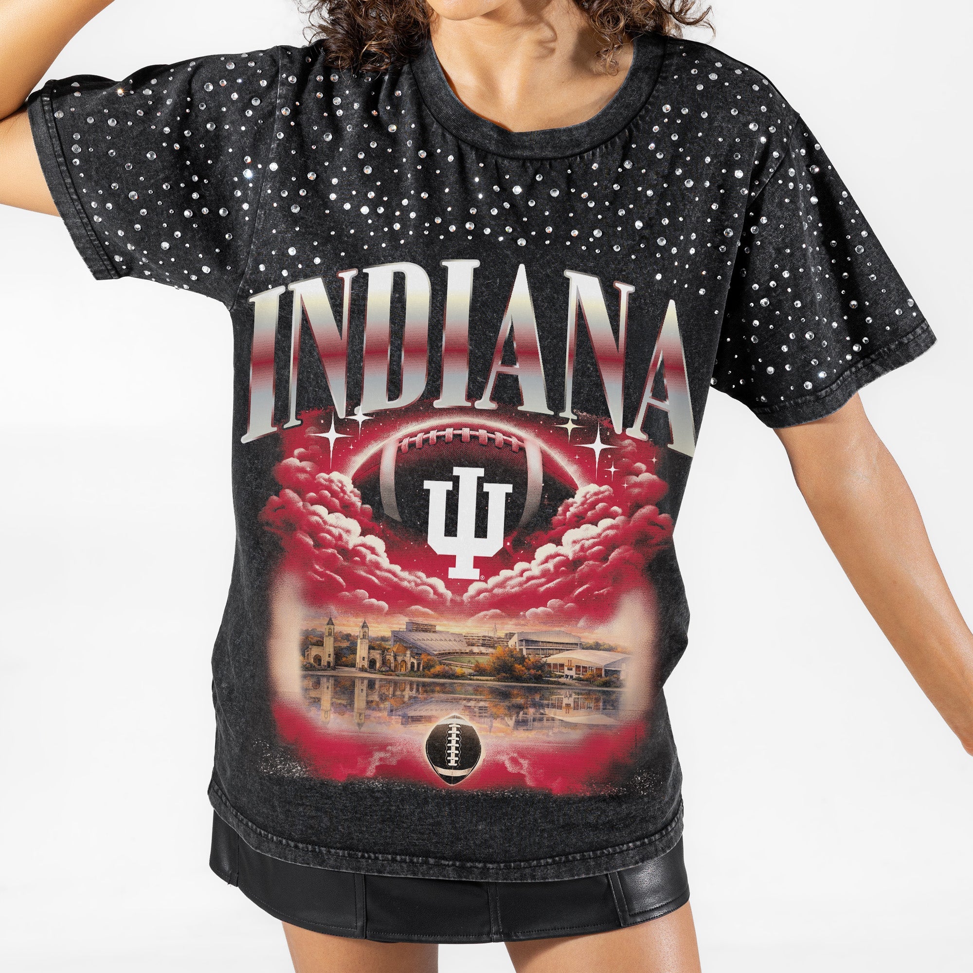 INDIANA HOOSIERS DREAM BIG VINTAGE WASH RHINESTONE TEE