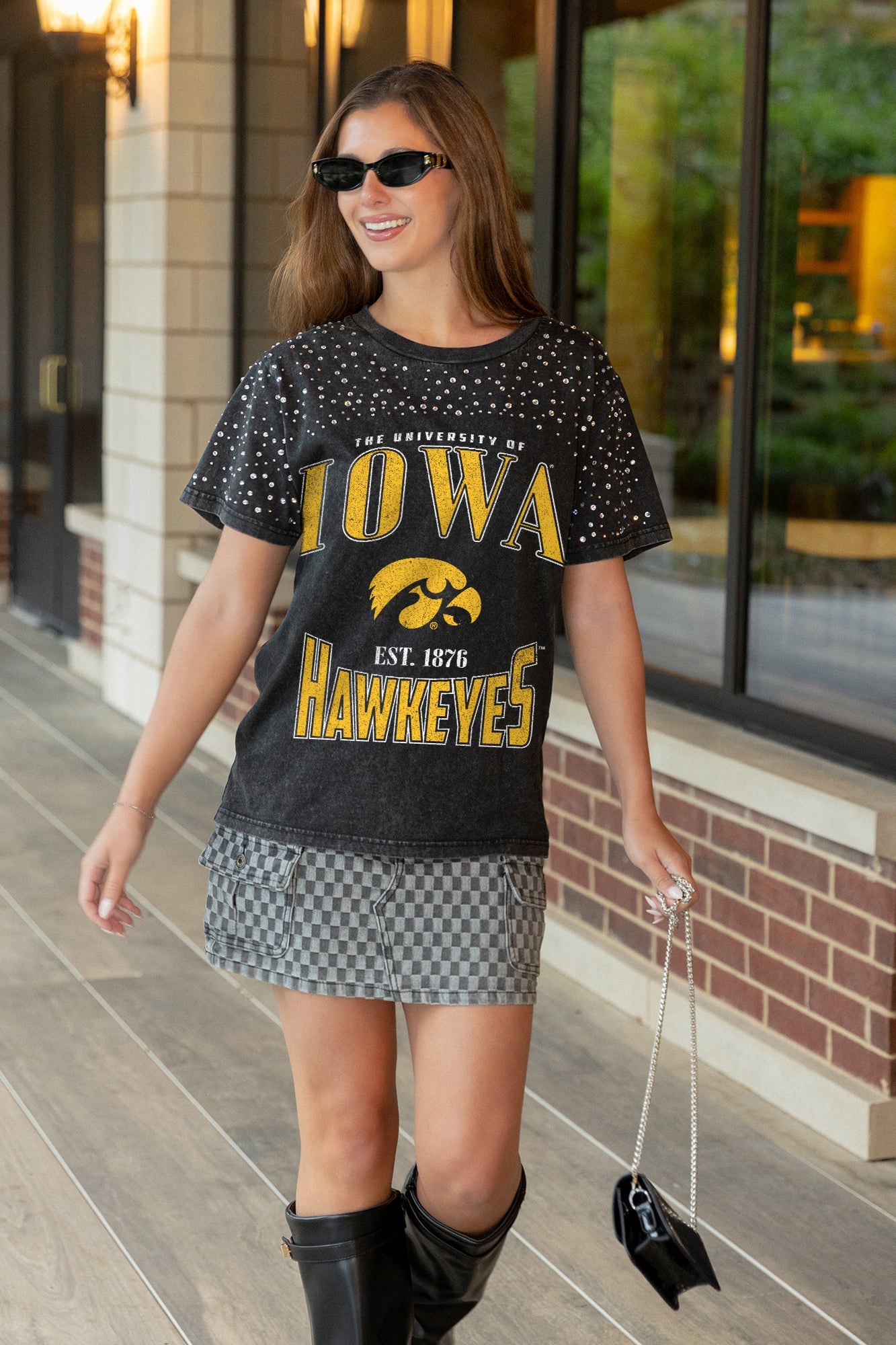 IOWA HAWKEYES IN THE ZONE VINTAGE WASH RHINESTONE TEE