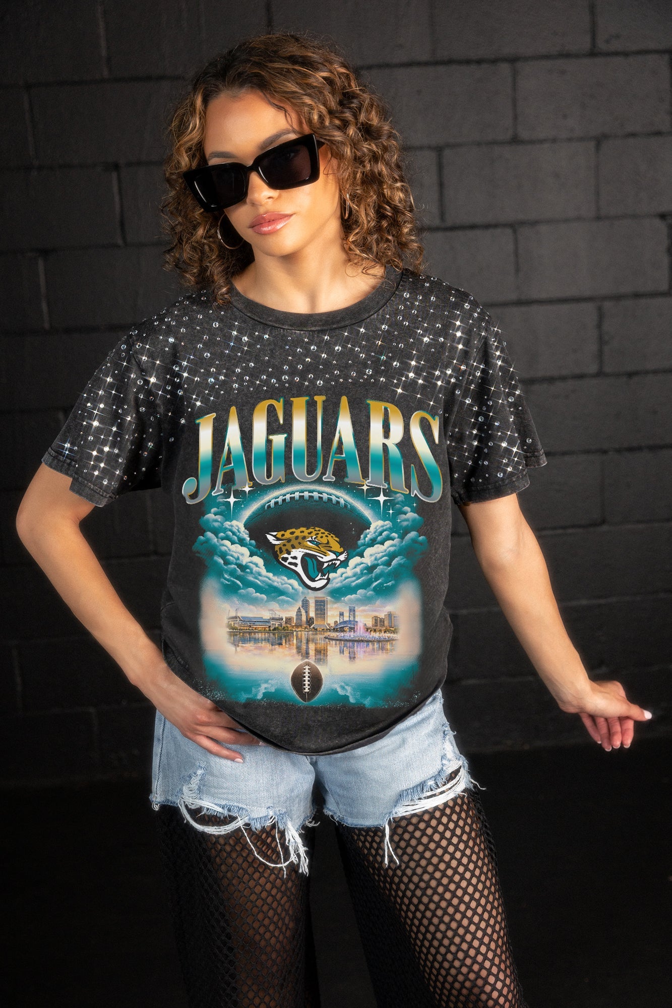 JACKSONVILLE JAGUARS SKY'S THE LIMIT VINTAGE WASH RHINESTONE TEE