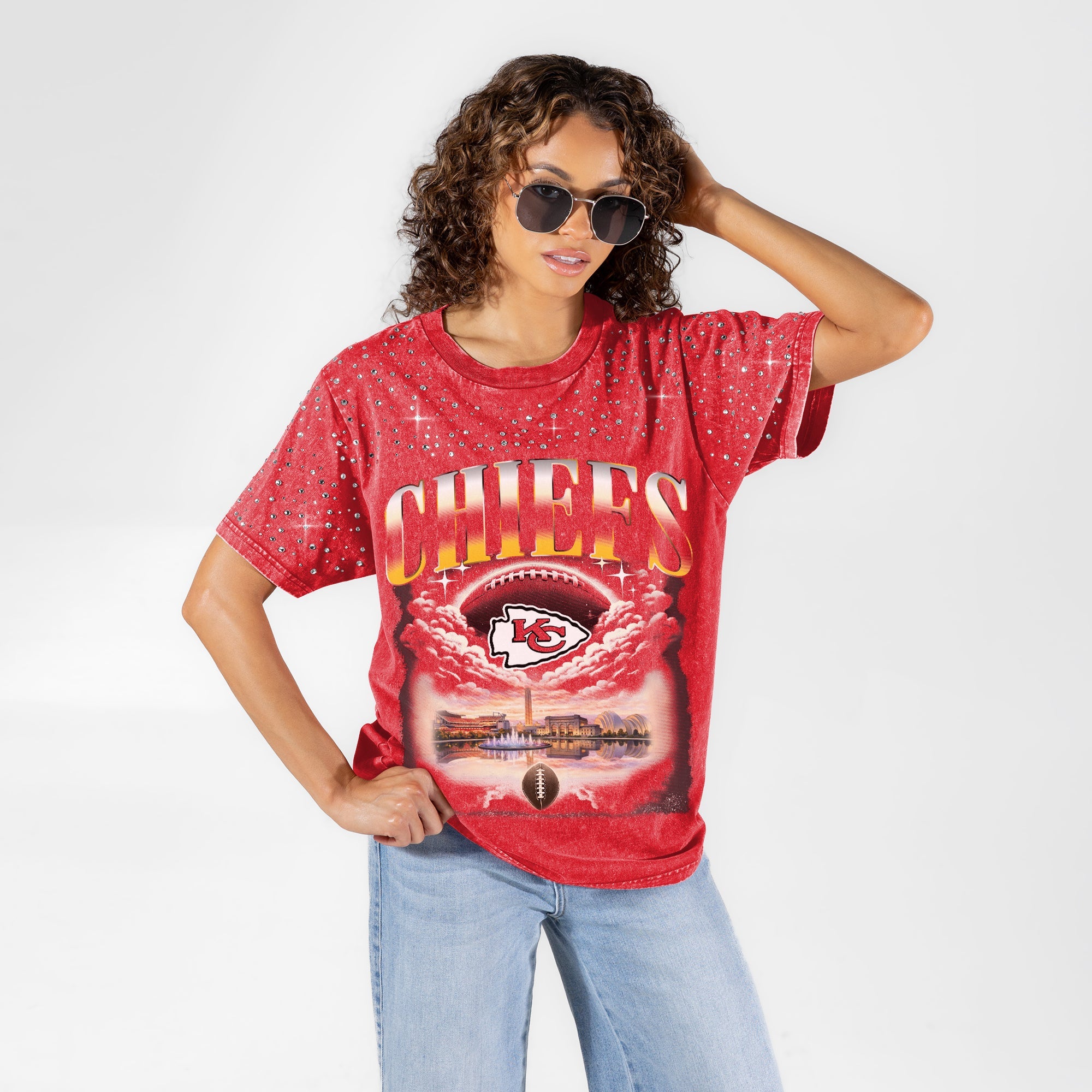 KANSAS CITY CHIEFS SKY'S THE LIMIT VINTAGE WASH RHINESTONE TEE