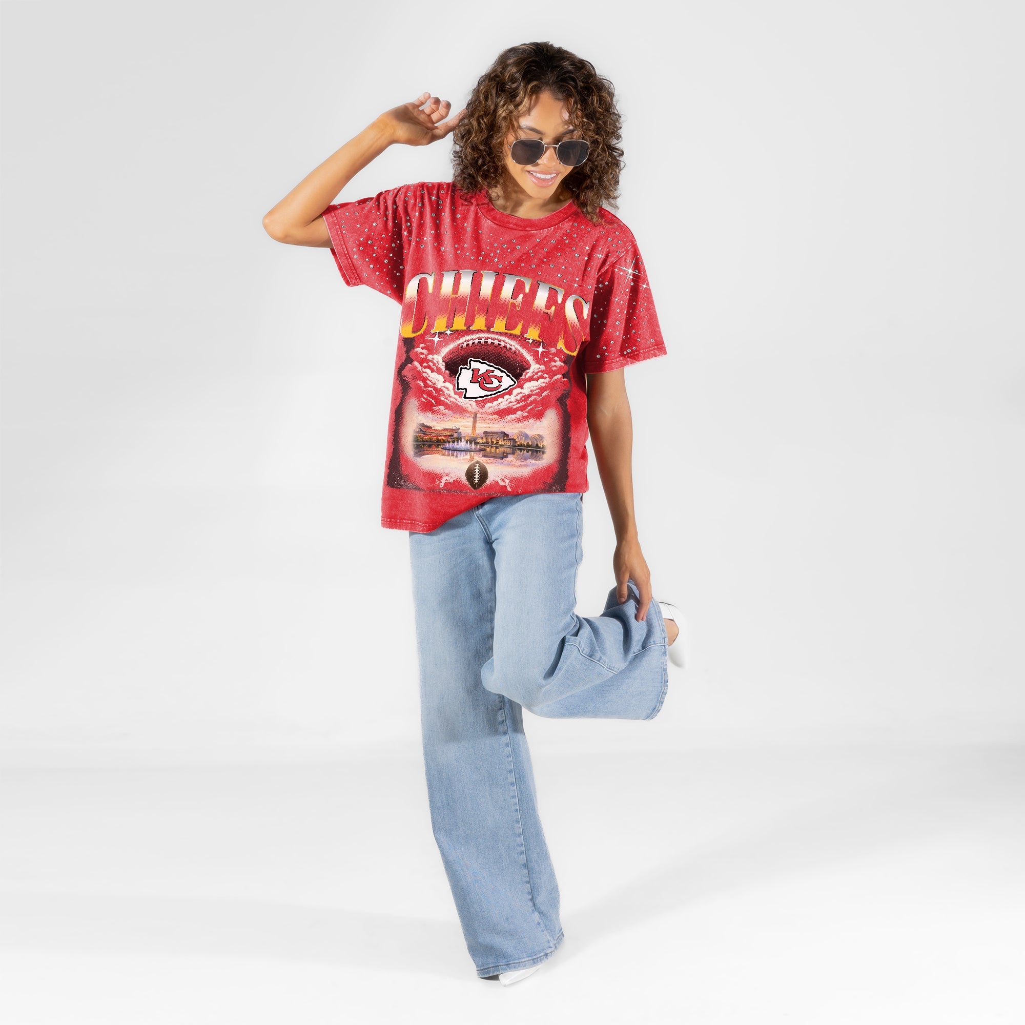 KANSAS CITY CHIEFS SKY'S THE LIMIT VINTAGE WASH RHINESTONE TEE