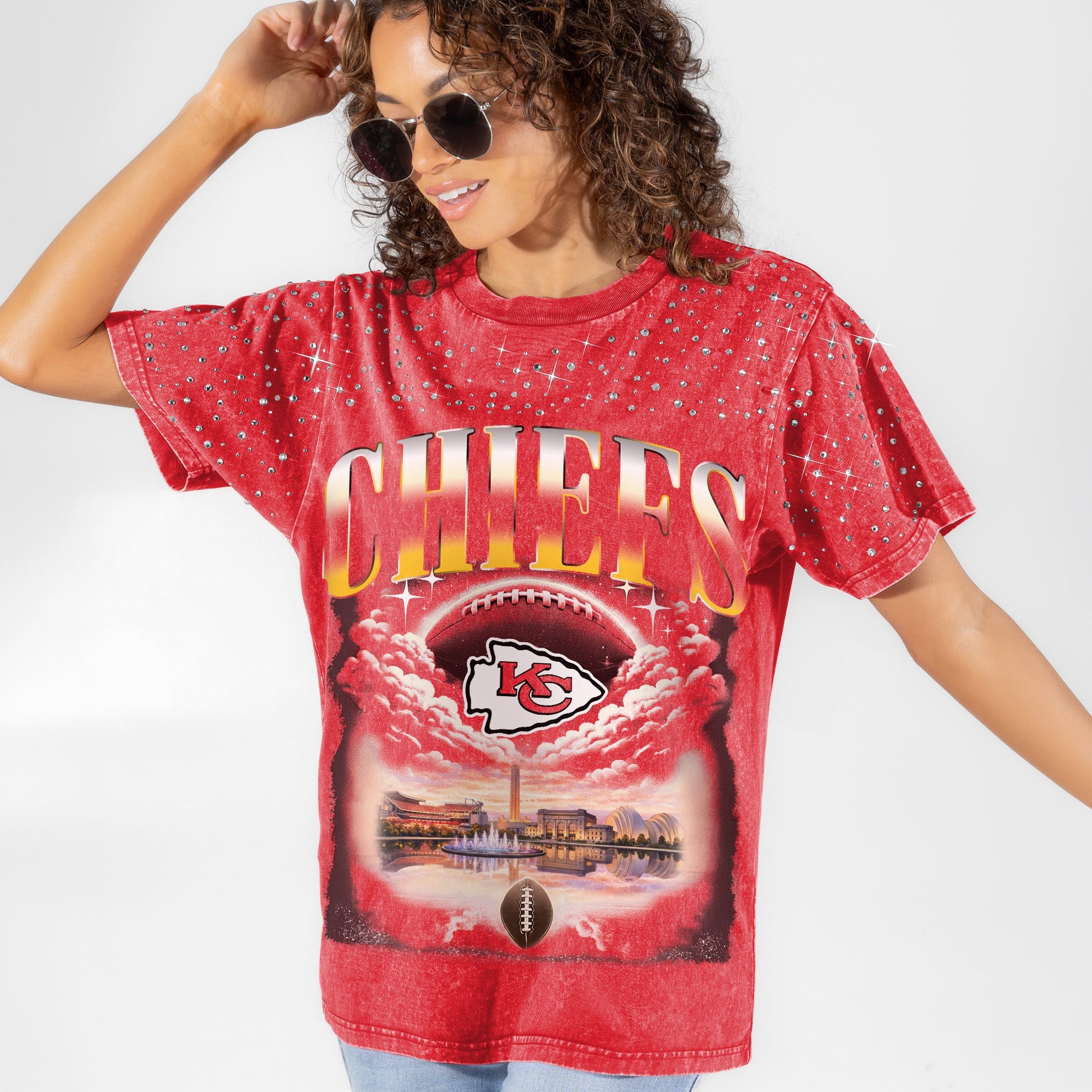 KANSAS CITY CHIEFS SKY'S THE LIMIT VINTAGE WASH RHINESTONE TEE