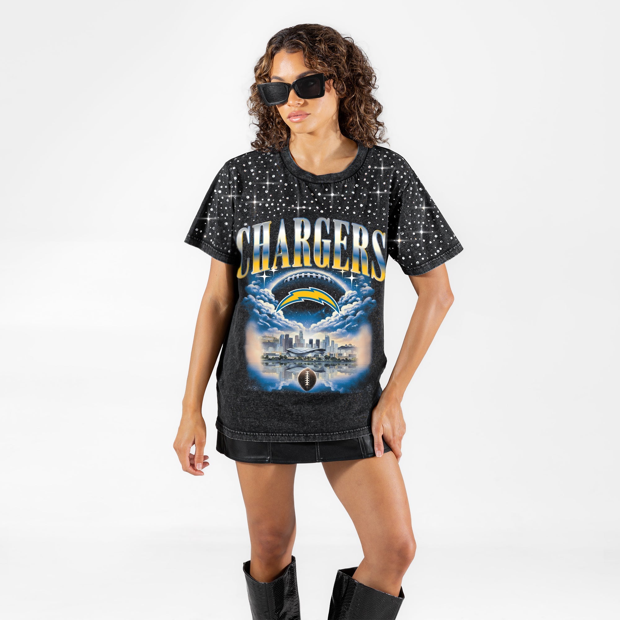 LOS ANGELES CHARGERS SKY'S THE LIMIT VINTAGE WASH RHINESTONE TEE