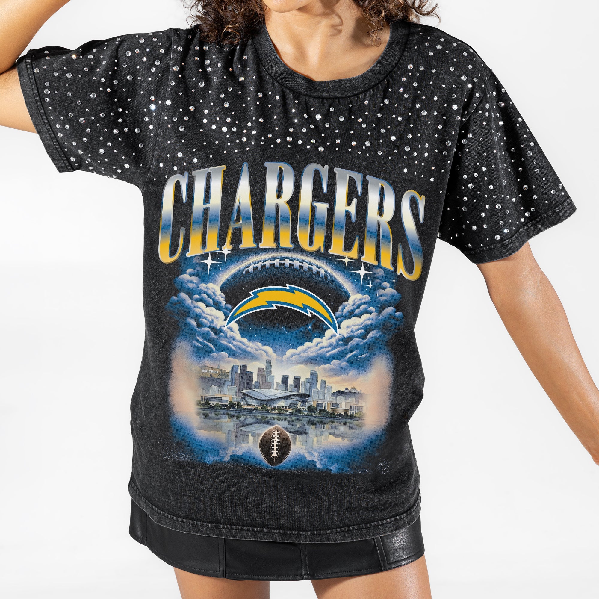 LOS ANGELES CHARGERS SKY'S THE LIMIT VINTAGE WASH RHINESTONE TEE