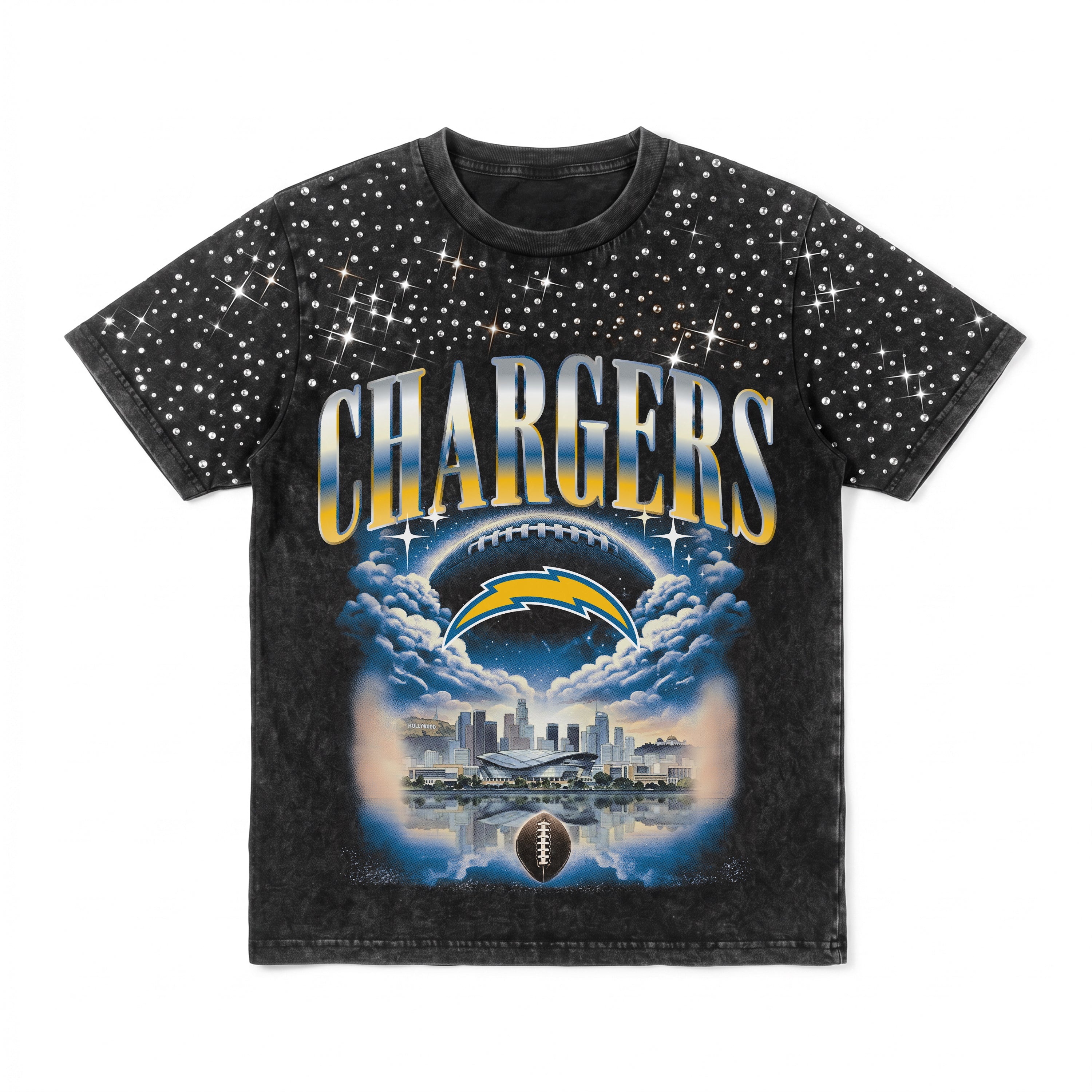 LOS ANGELES CHARGERS SKY'S THE LIMIT VINTAGE WASH RHINESTONE TEE