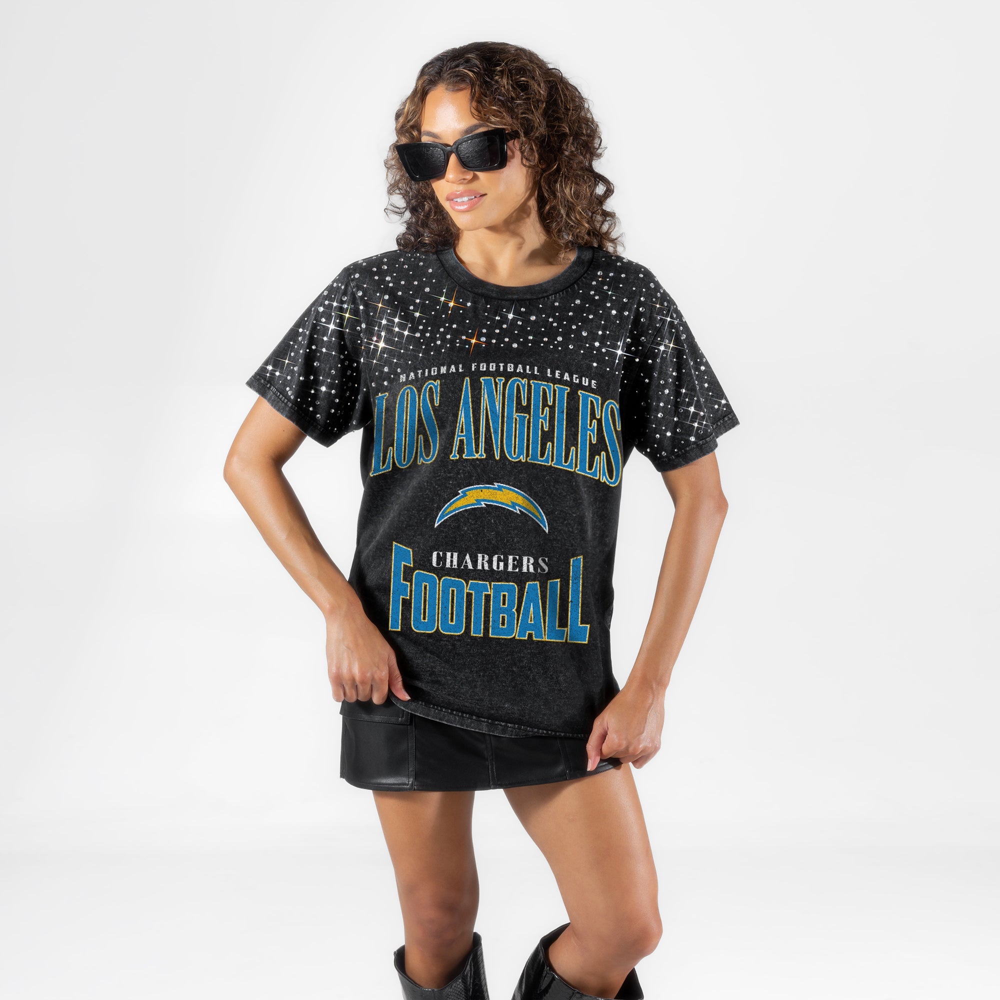 LOS ANGELES CHARGERS IN THE ZONE VINTAGE WASH RHINESTONE TEE