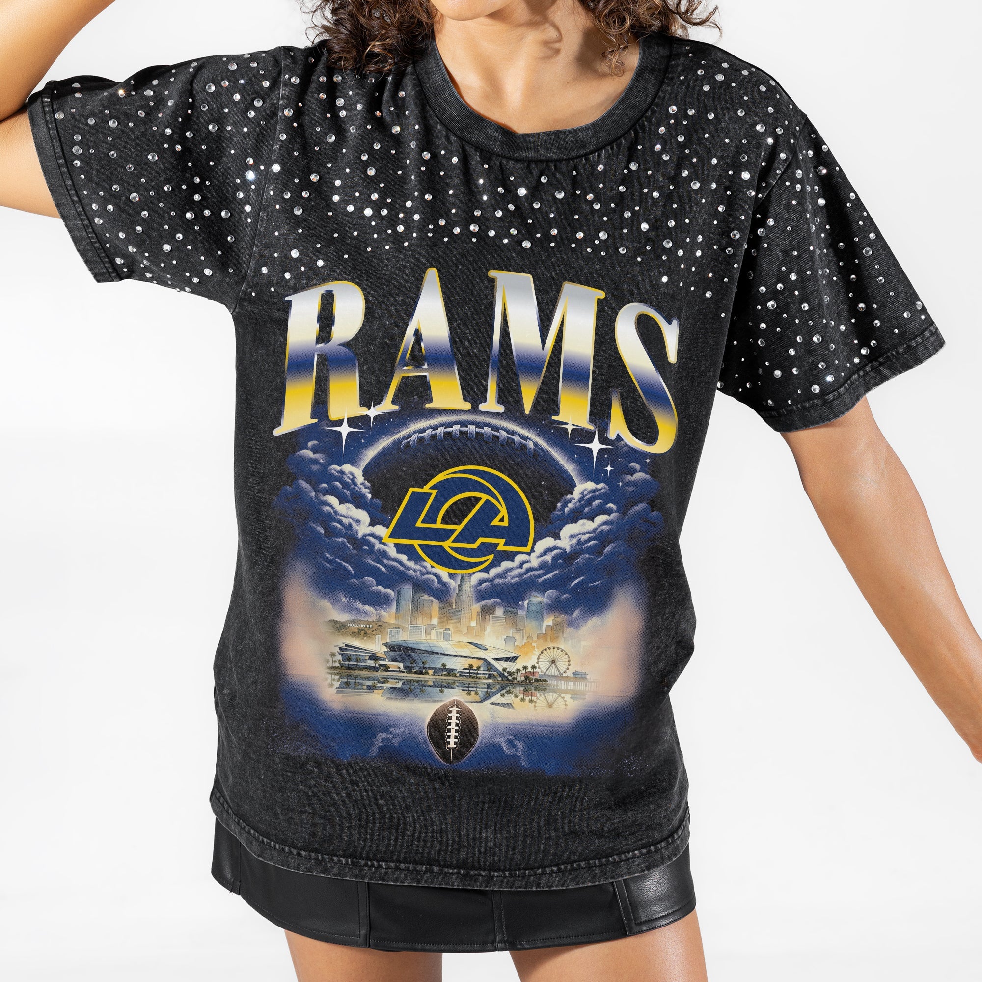 LOS ANGELES RAMS SKY'S THE LIMIT VINTAGE WASH RHINESTONE TEE