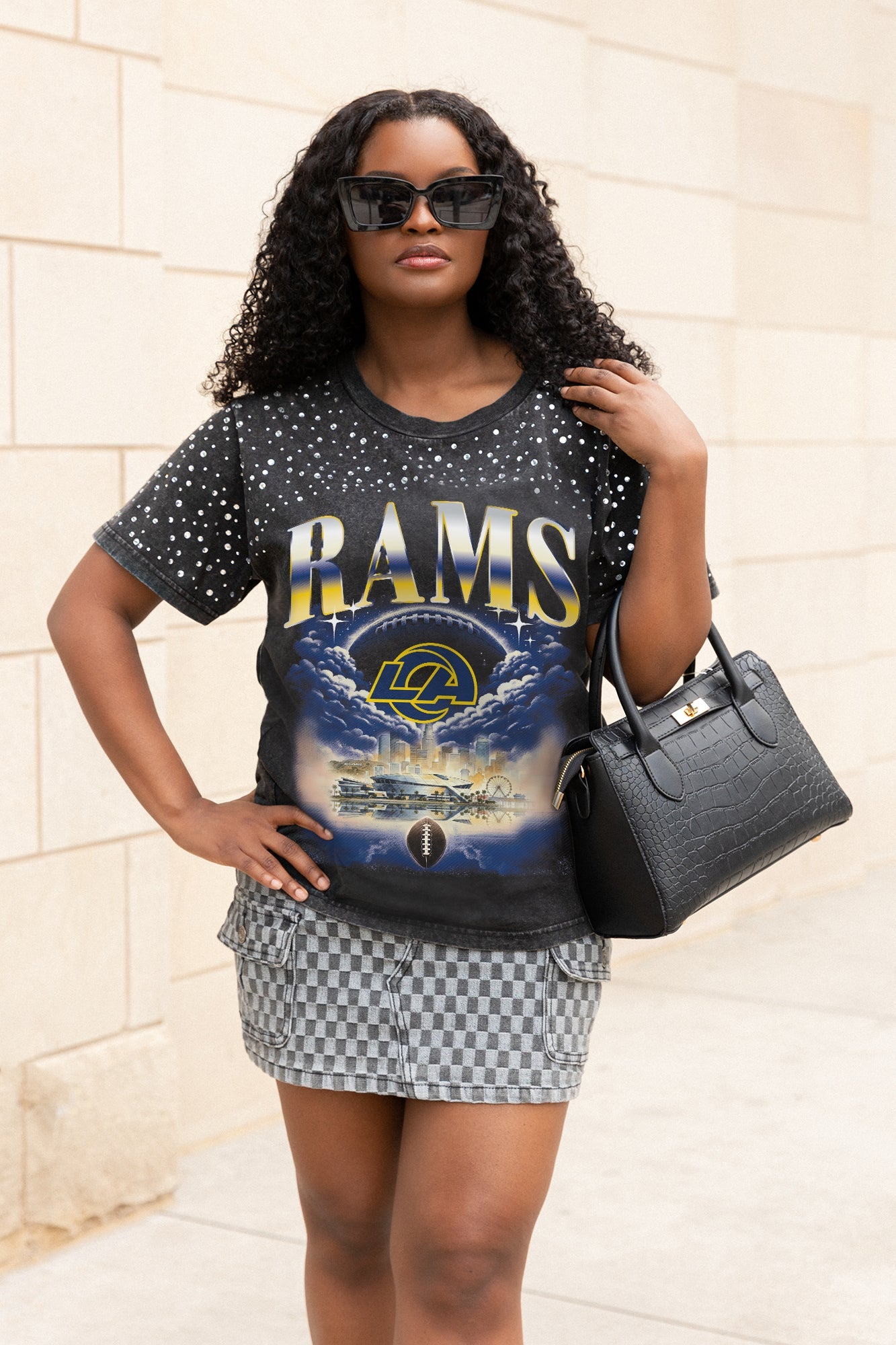 LOS ANGELES RAMS SKY'S THE LIMIT VINTAGE WASH RHINESTONE TEE