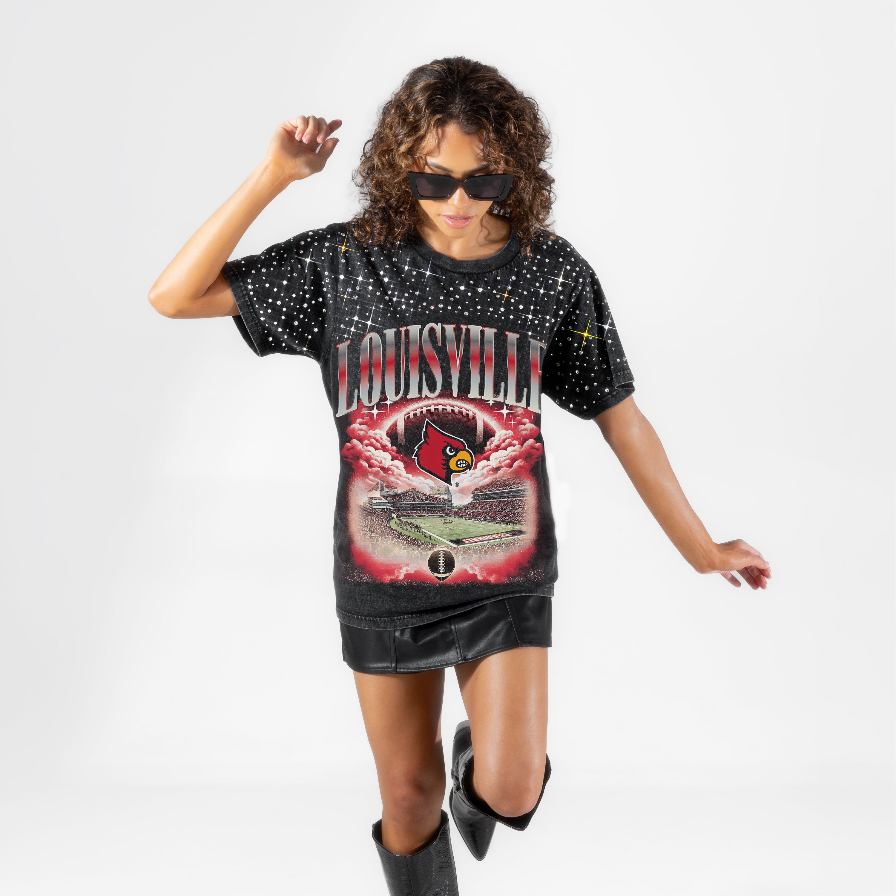 LOUISVILLE CARDINALS SKY'S THE LIMIT VINTAGE WASH RHINESTONE TEE