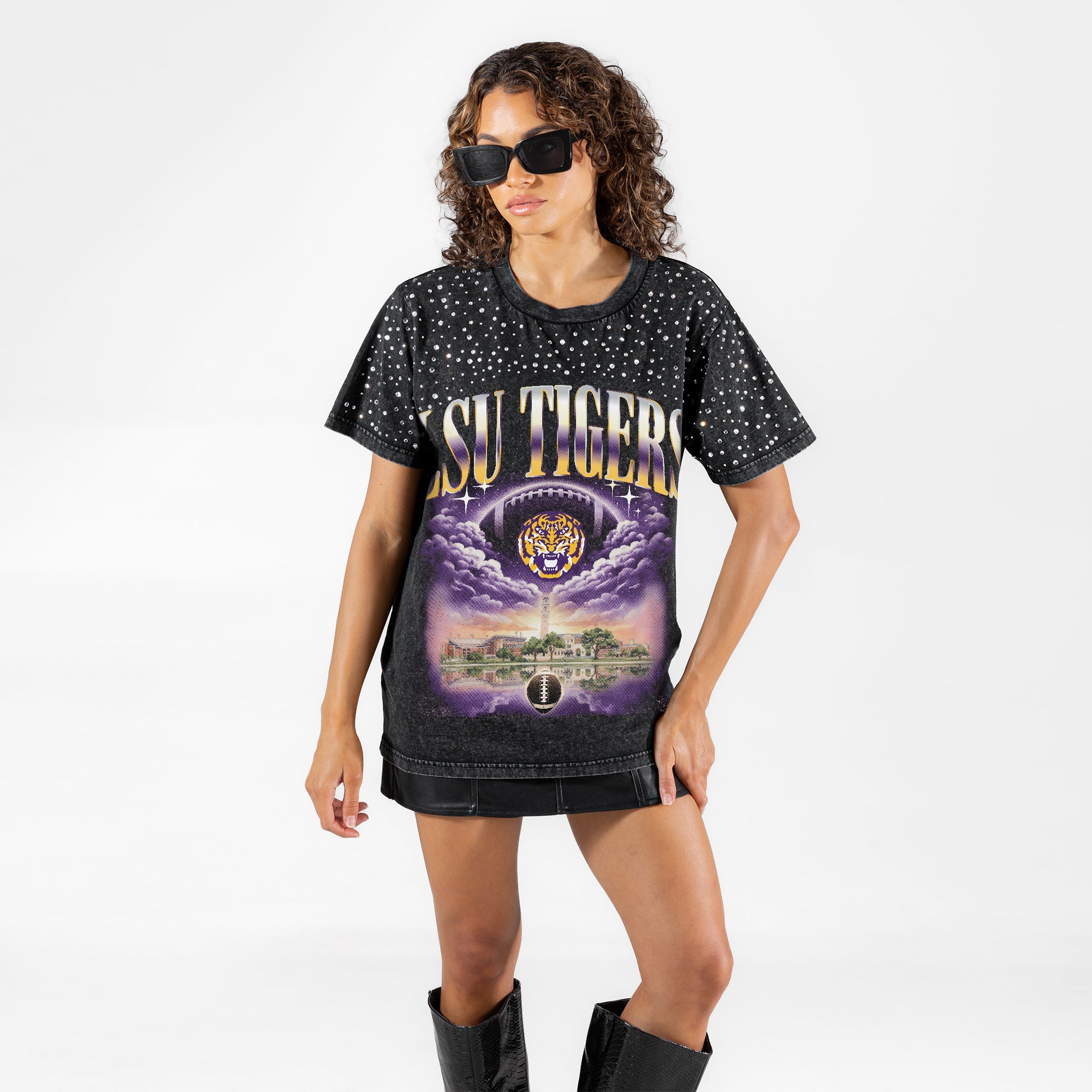 LSU TIGERS SKY'S THE LIMIT VINTAGE WASH RHINESTONE TEE