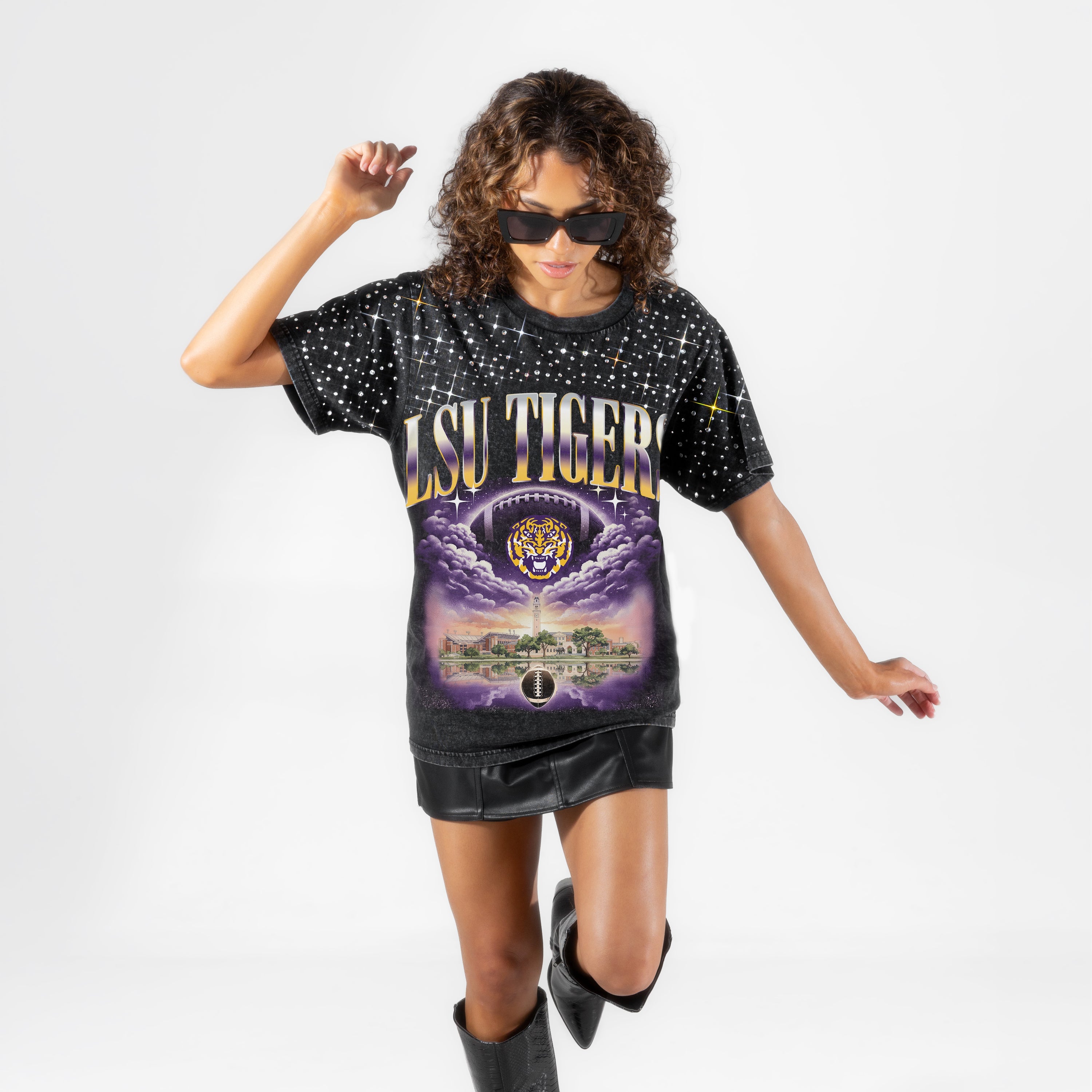 LSU TIGERS SKY'S THE LIMIT VINTAGE WASH RHINESTONE TEE