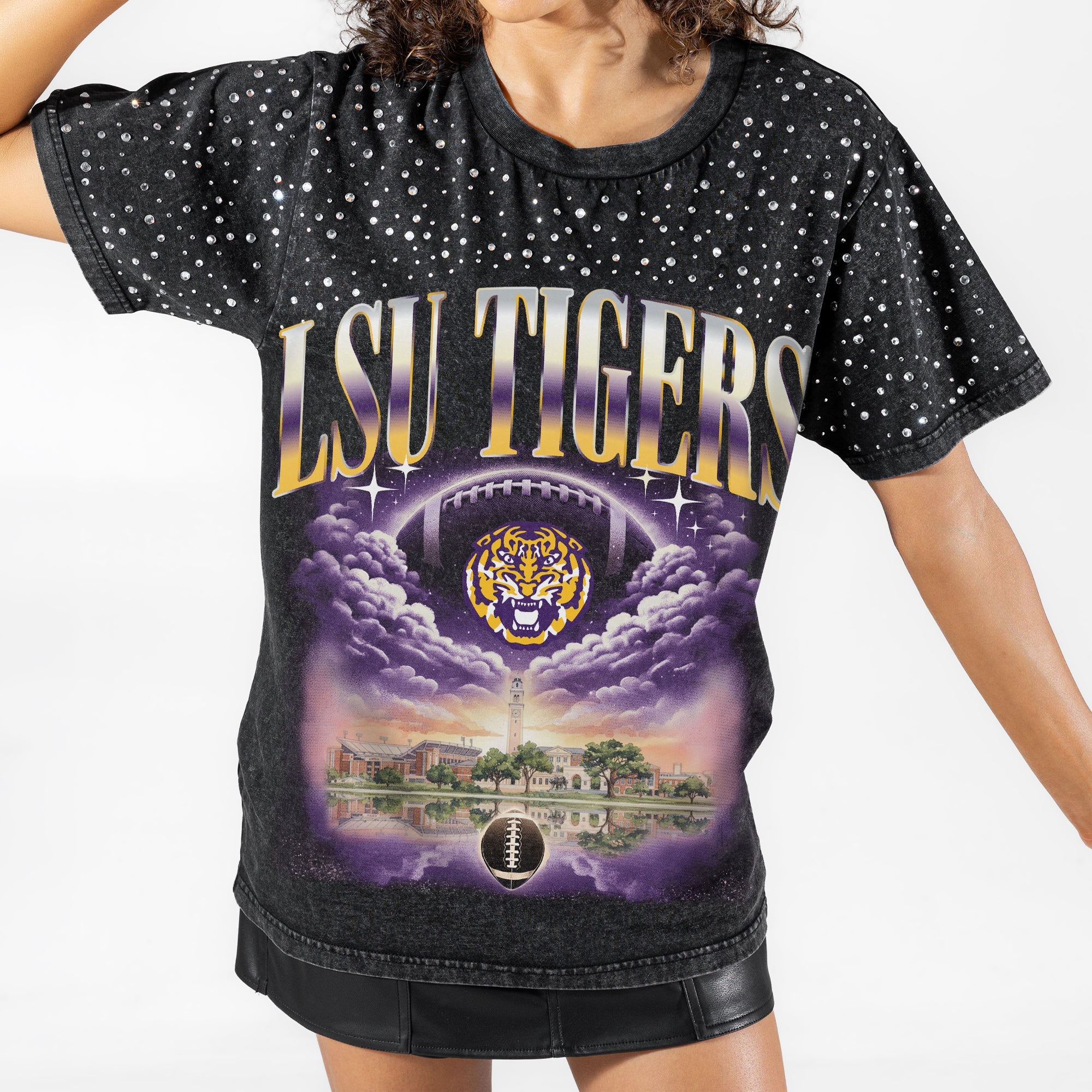 LSU TIGERS SKY'S THE LIMIT VINTAGE WASH RHINESTONE TEE