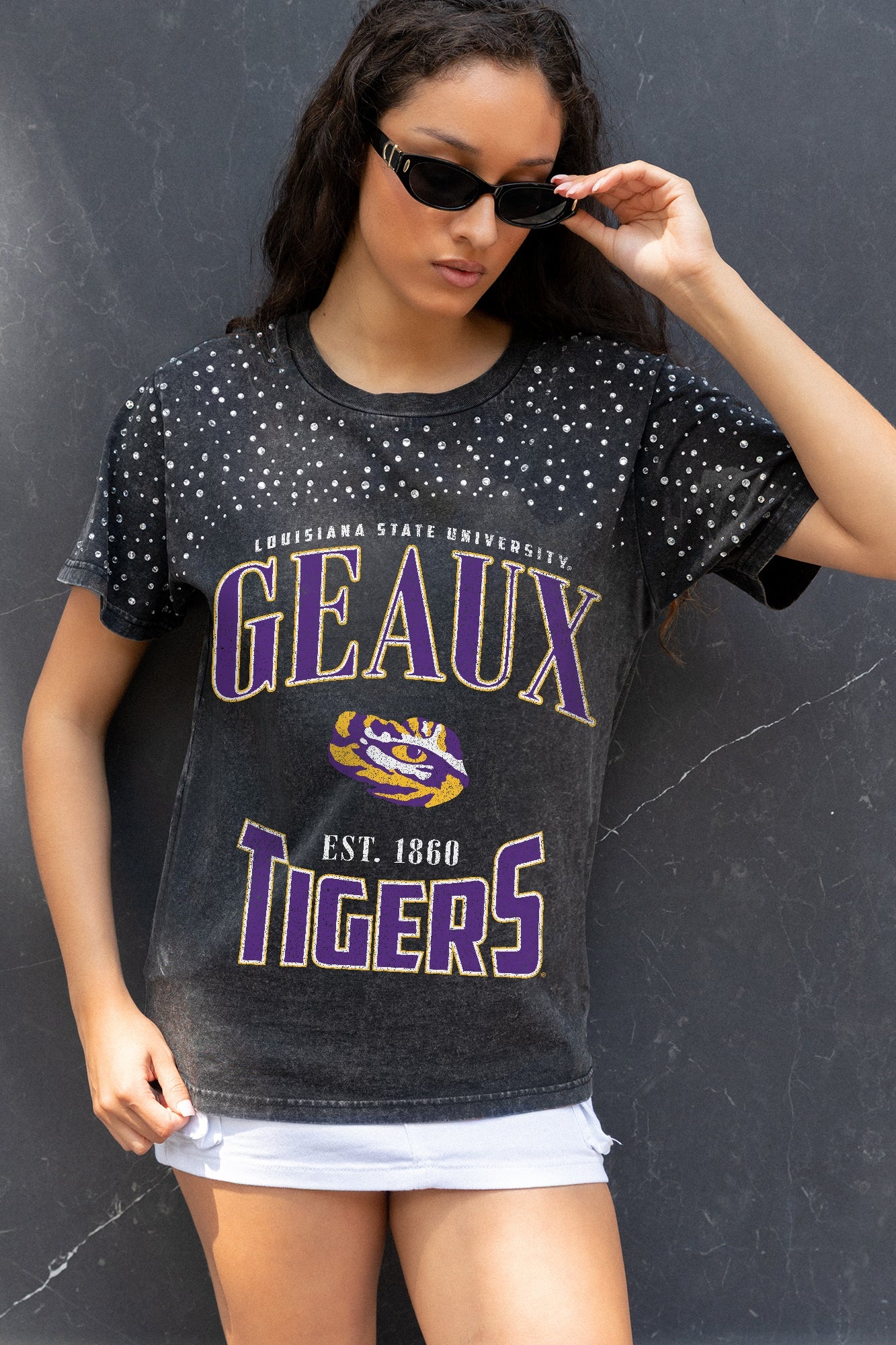LSU TIGERS IN THE ZONE VINTAGE WASH RHINESTONE TEE