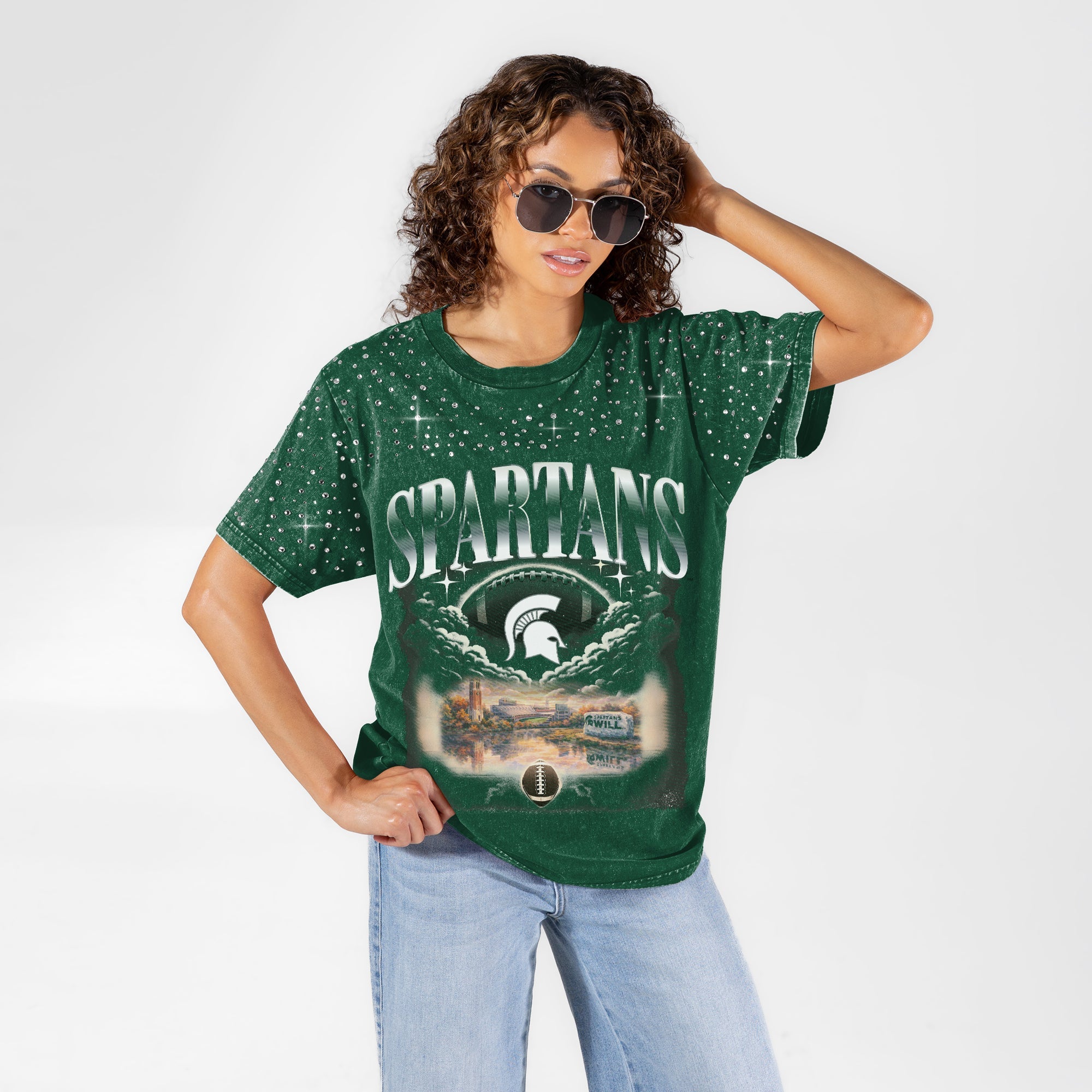 MICHIGAN STATE SPARTANS SKY'S THE LIMIT VINTAGE WASH RHINESTONE TEE