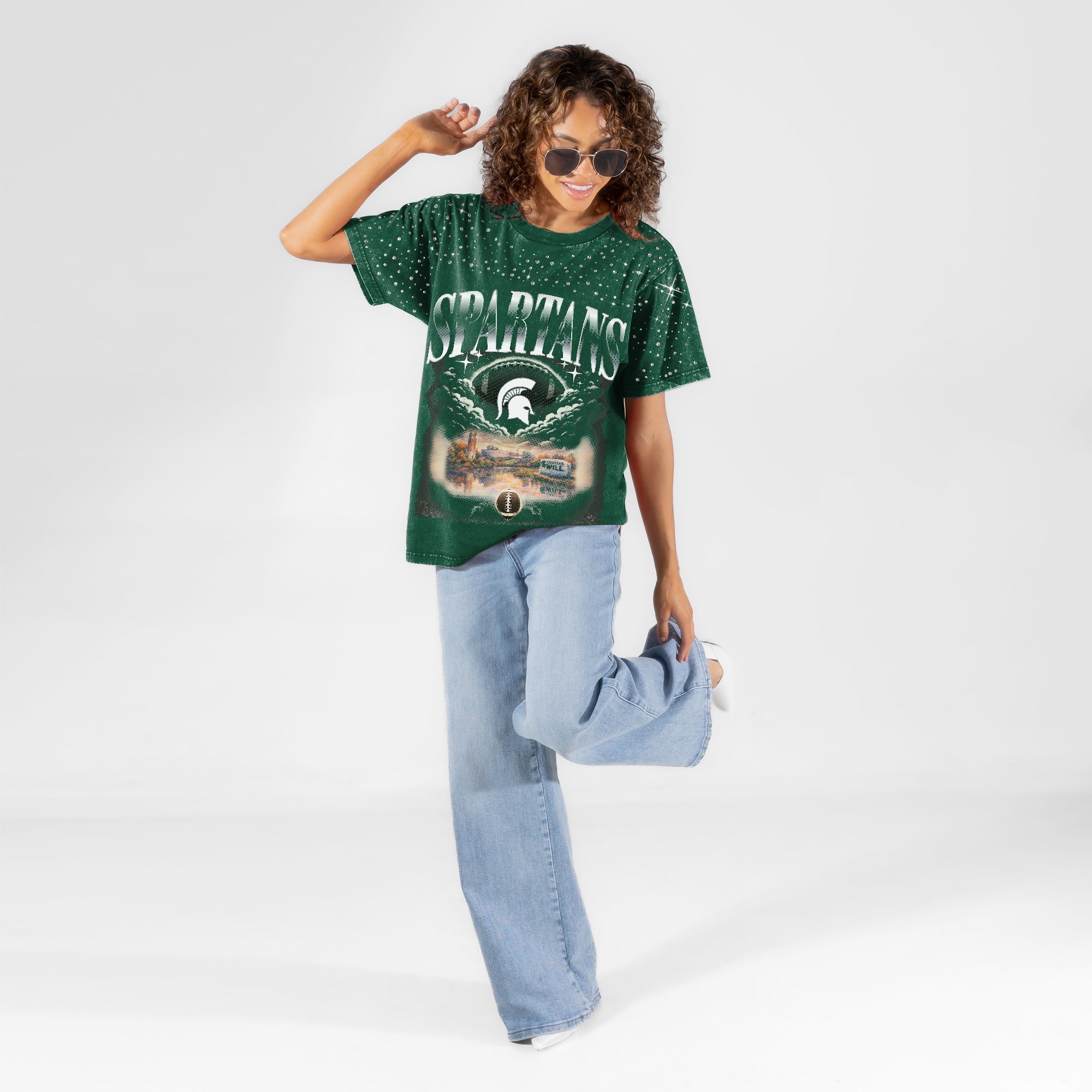 MICHIGAN STATE SPARTANS SKY'S THE LIMIT VINTAGE WASH RHINESTONE TEE