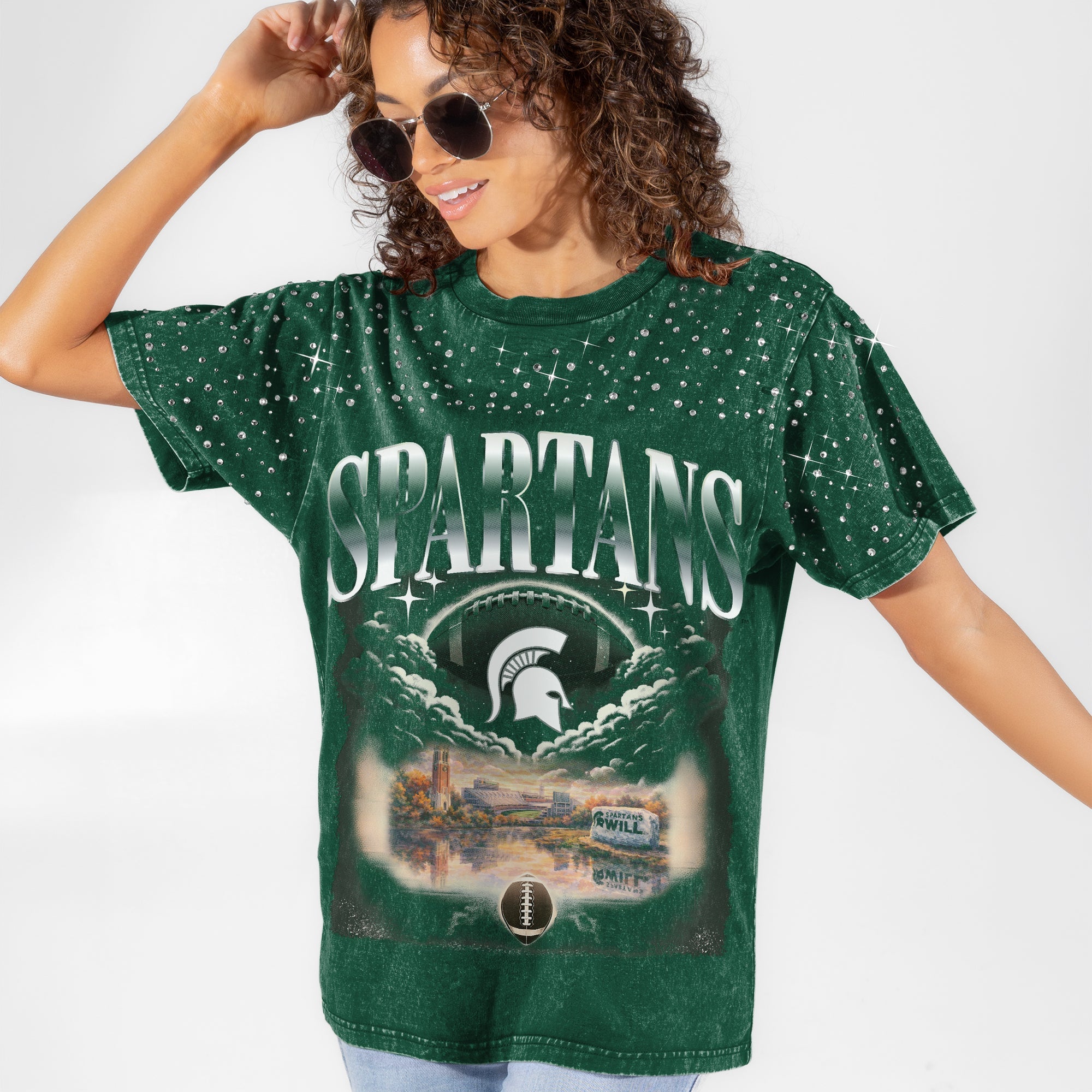 MICHIGAN STATE SPARTANS SKY'S THE LIMIT VINTAGE WASH RHINESTONE TEE