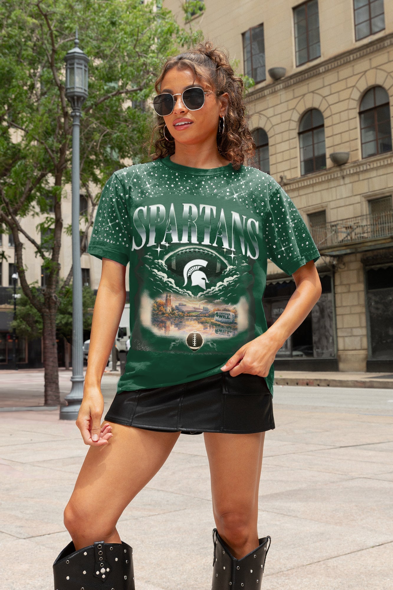 MICHIGAN STATE SPARTANS SKY'S THE LIMIT VINTAGE WASH RHINESTONE TEE