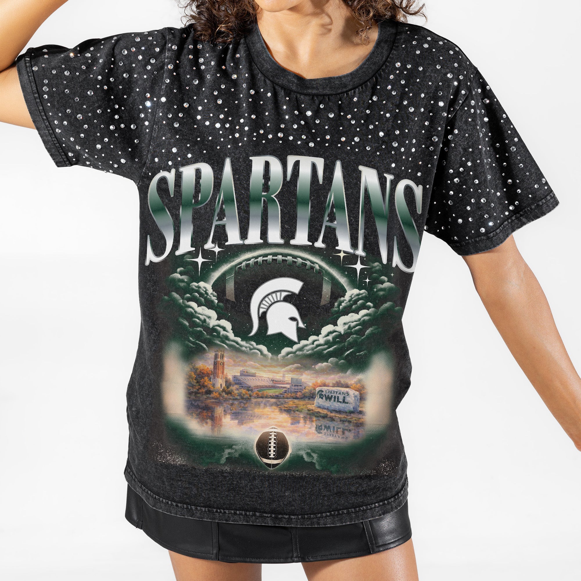 MICHIGAN STATE SPARTANS DREAM BIG VINTAGE WASH RHINESTONE TEE