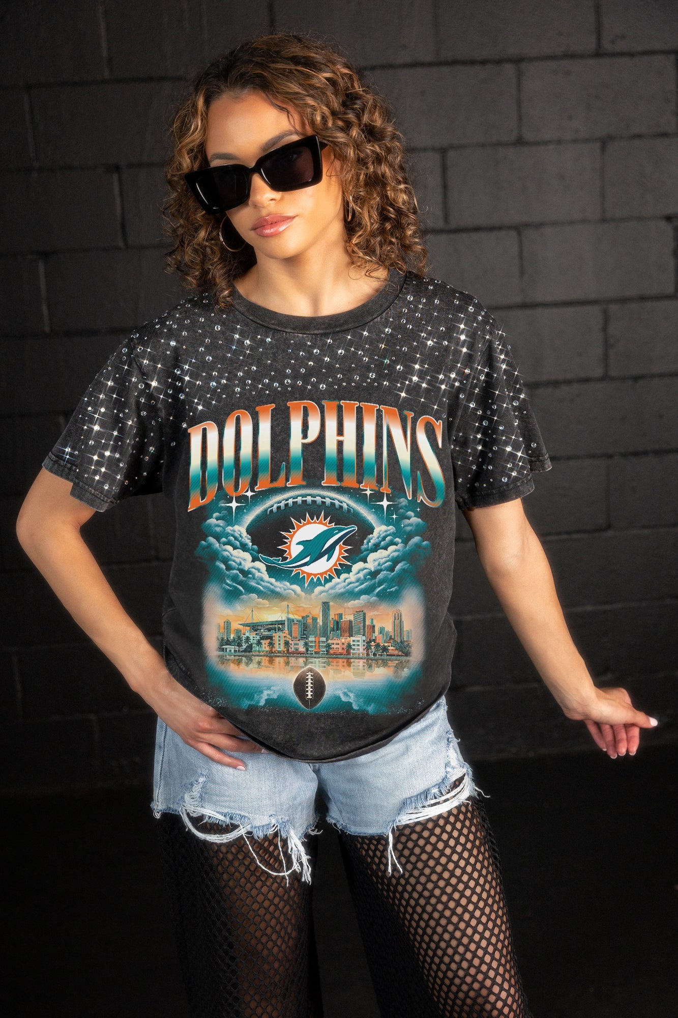 MIAMI DOLPHINS SKY'S THE LIMIT VINTAGE WASH RHINESTONE TEE