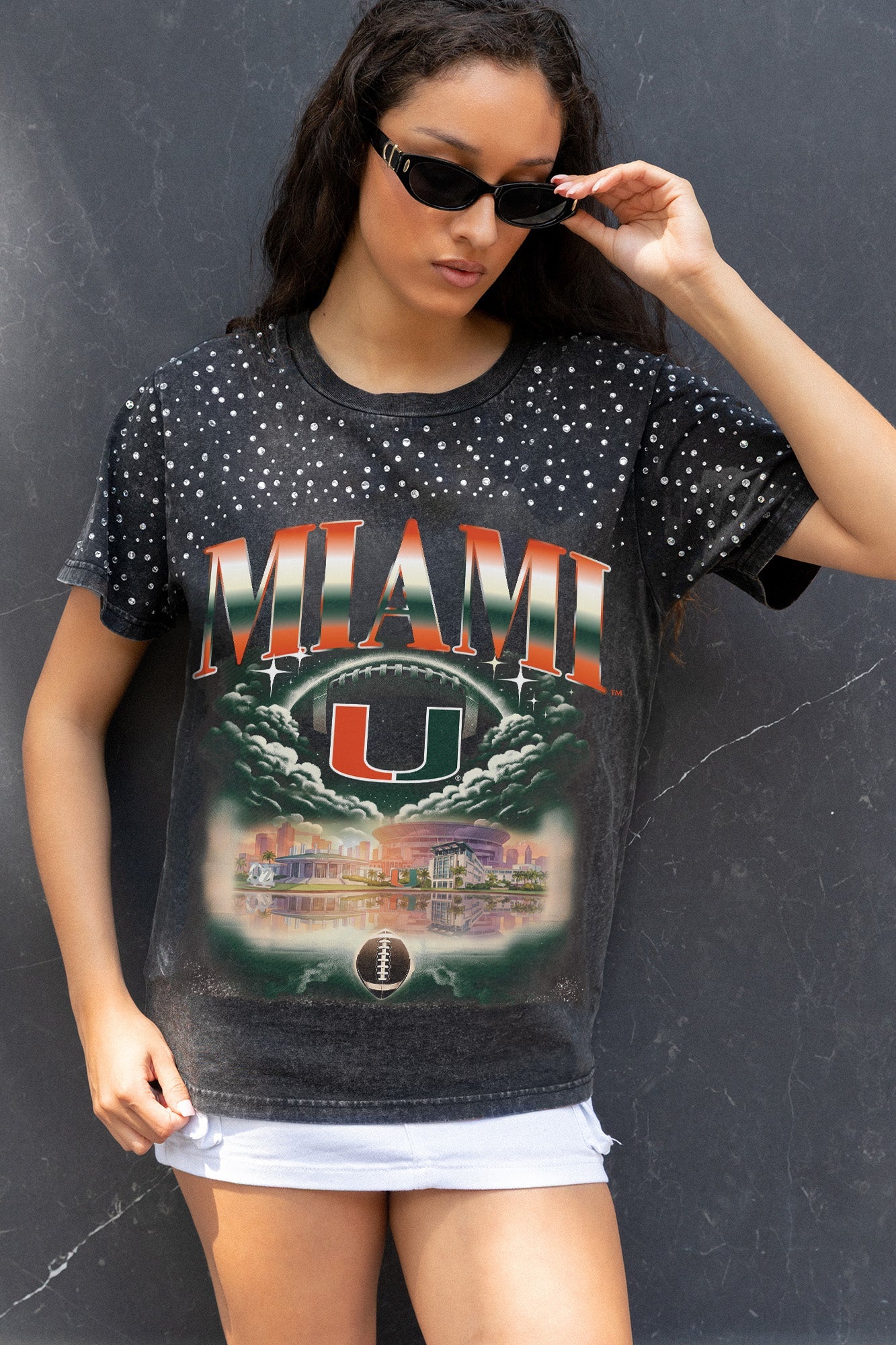 MIAMI HURRICANES DREAM BIG VINTAGE WASH RHINESTONE TEE