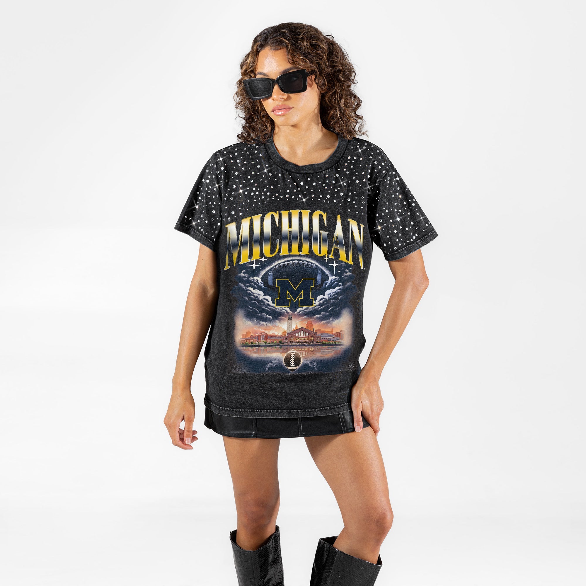 MICHIGAN WOLVERINES DREAM BIG VINTAGE WASH RHINESTONE TEE