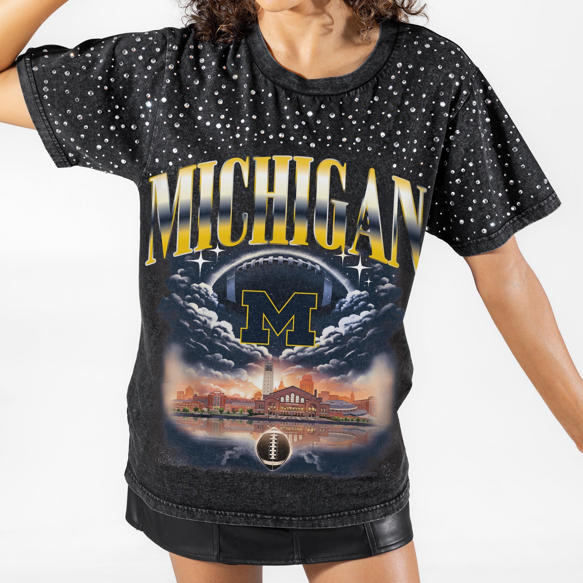 MICHIGAN WOLVERINES DREAM BIG VINTAGE WASH RHINESTONE TEE