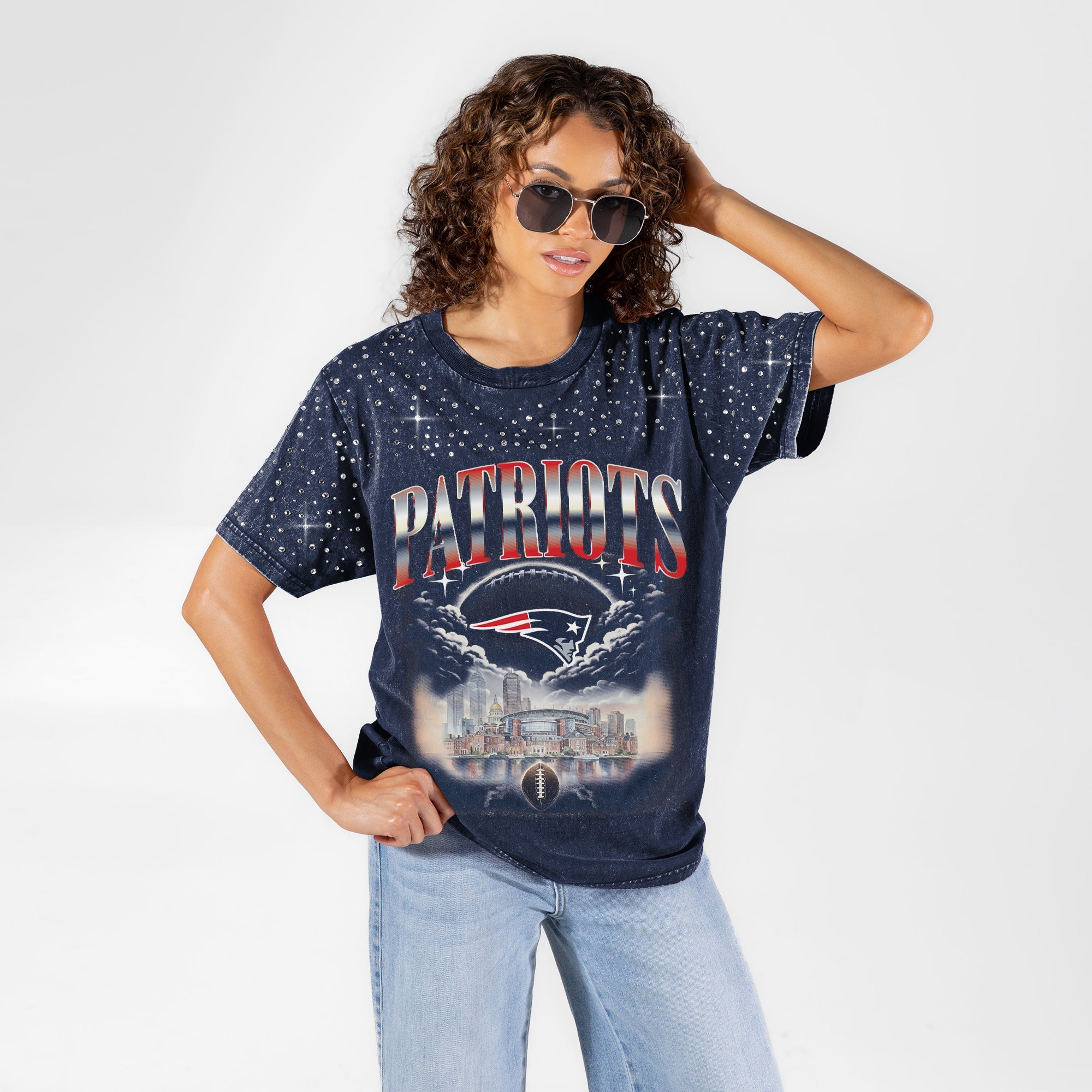 NEW ENGLAND PATRIOTS SKY'S THE LIMIT VINTAGE WASH RHINESTONE TEE