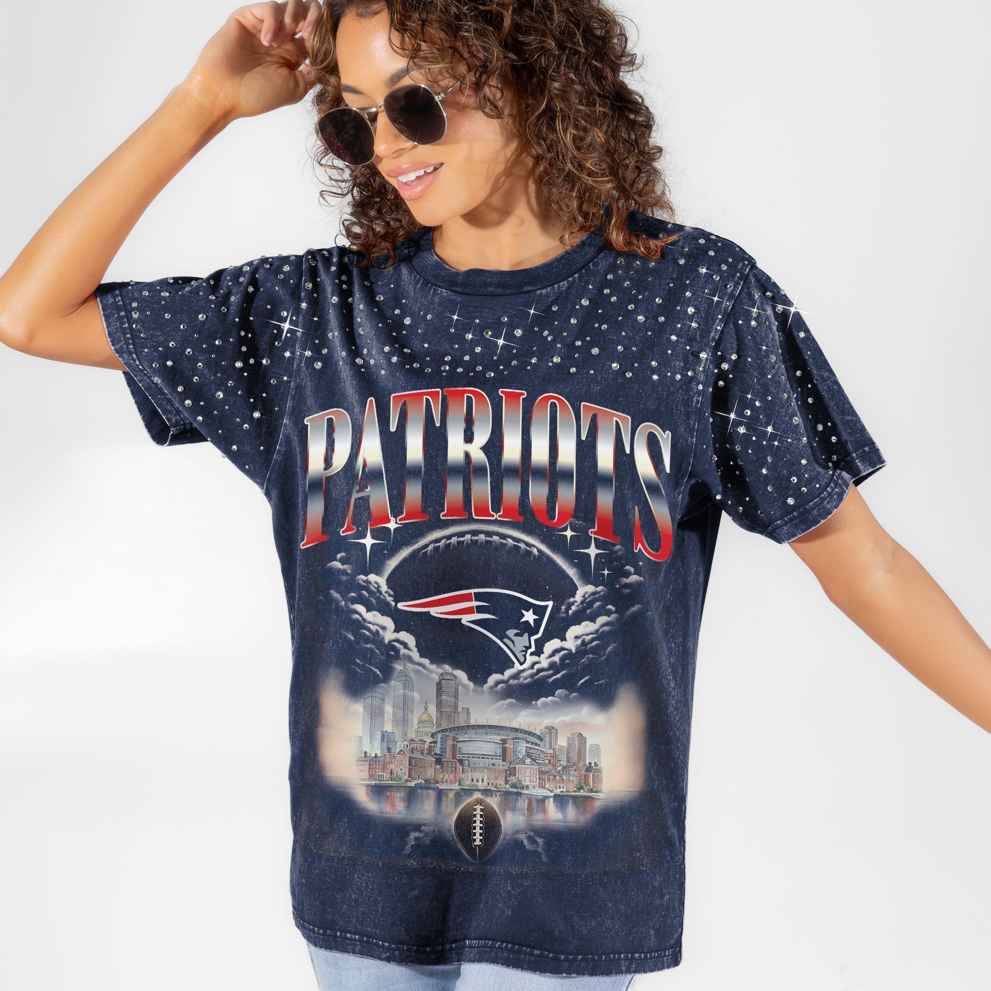 NEW ENGLAND PATRIOTS SKY'S THE LIMIT VINTAGE WASH RHINESTONE TEE