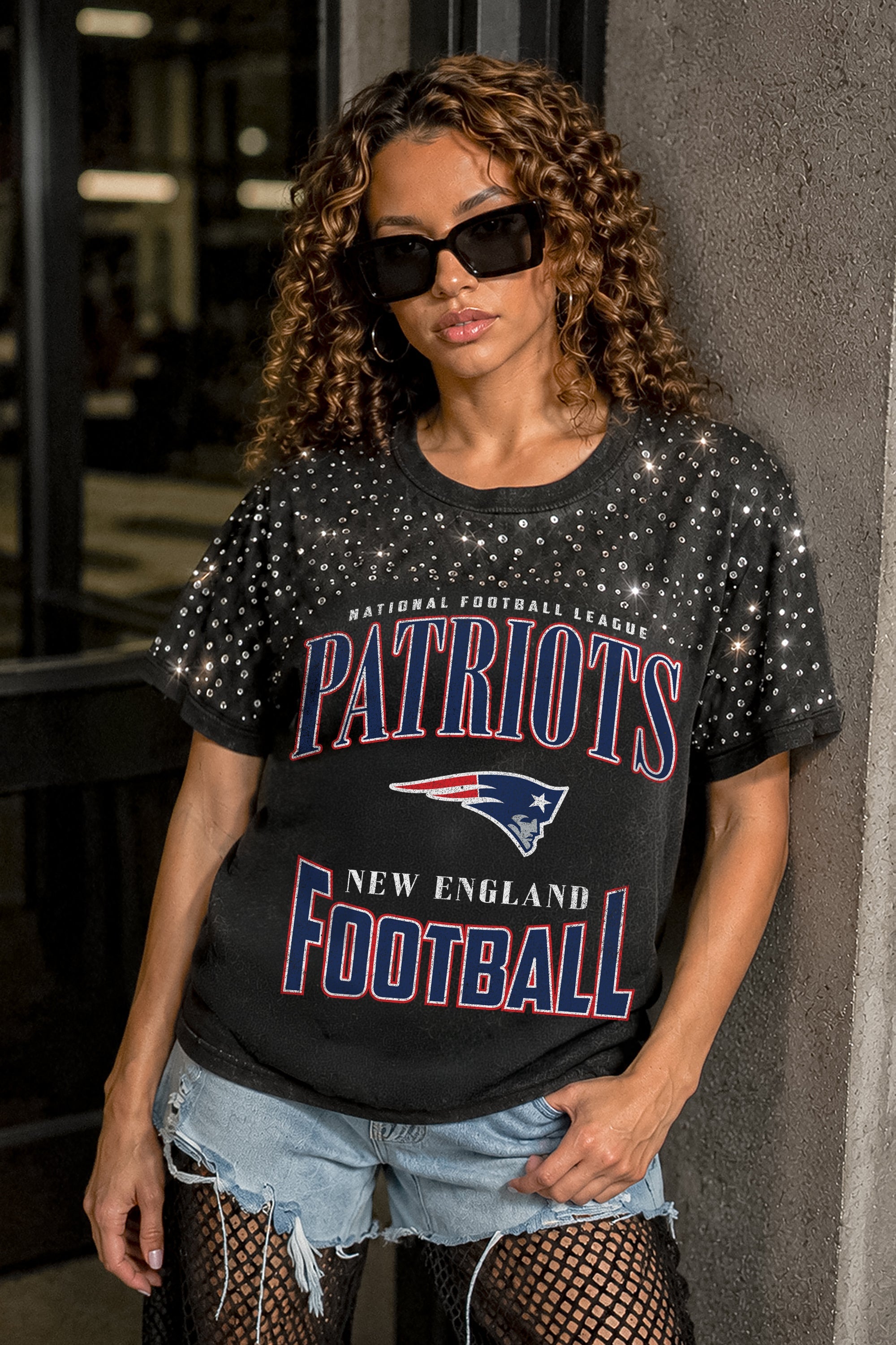 NEW ENGLAND PATRIOTS IN THE ZONE VINTAGE WASH RHINESTONE TEE