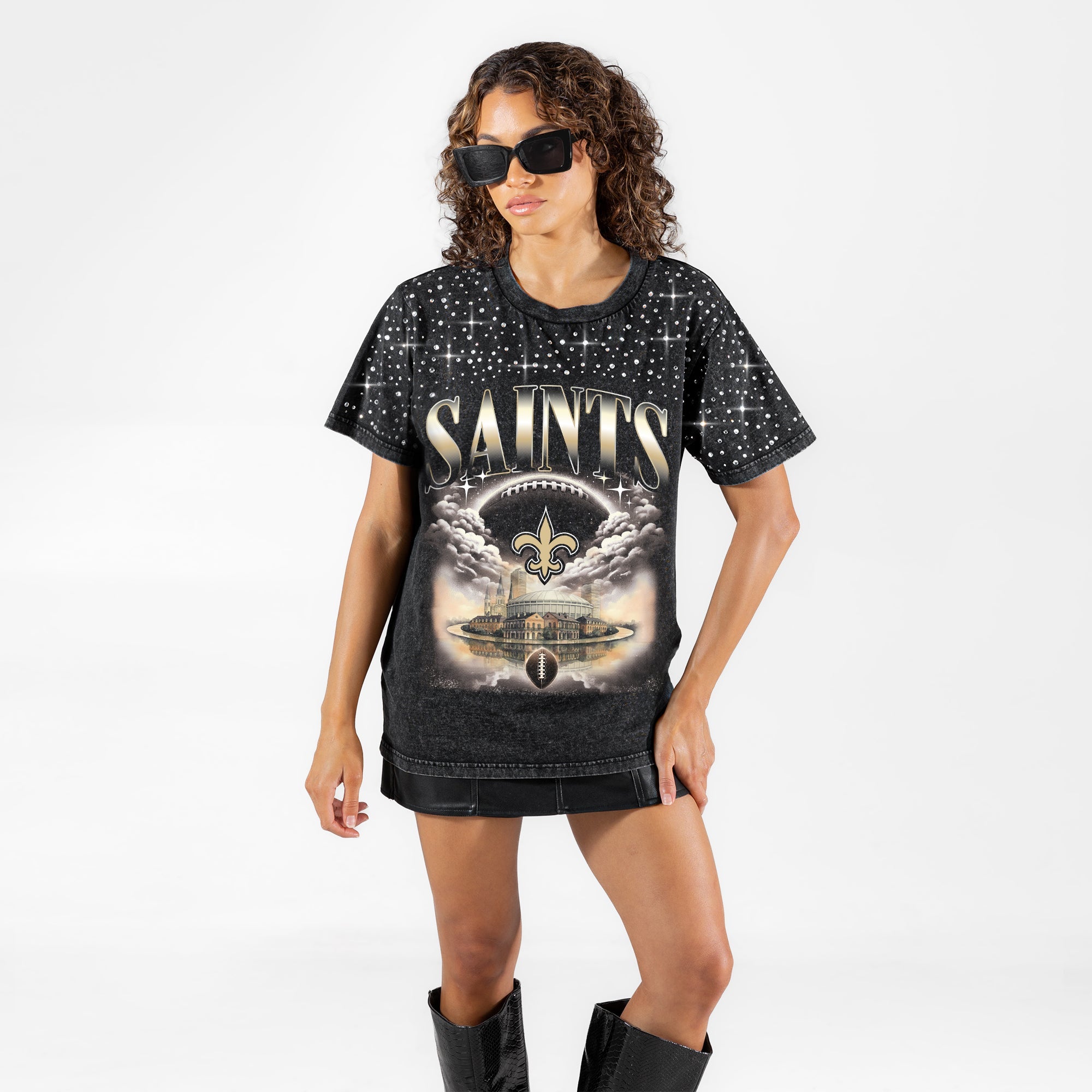 NEW ORLEANS SAINTS SKY'S THE LIMIT VINTAGE WASH RHINESTONE TEE