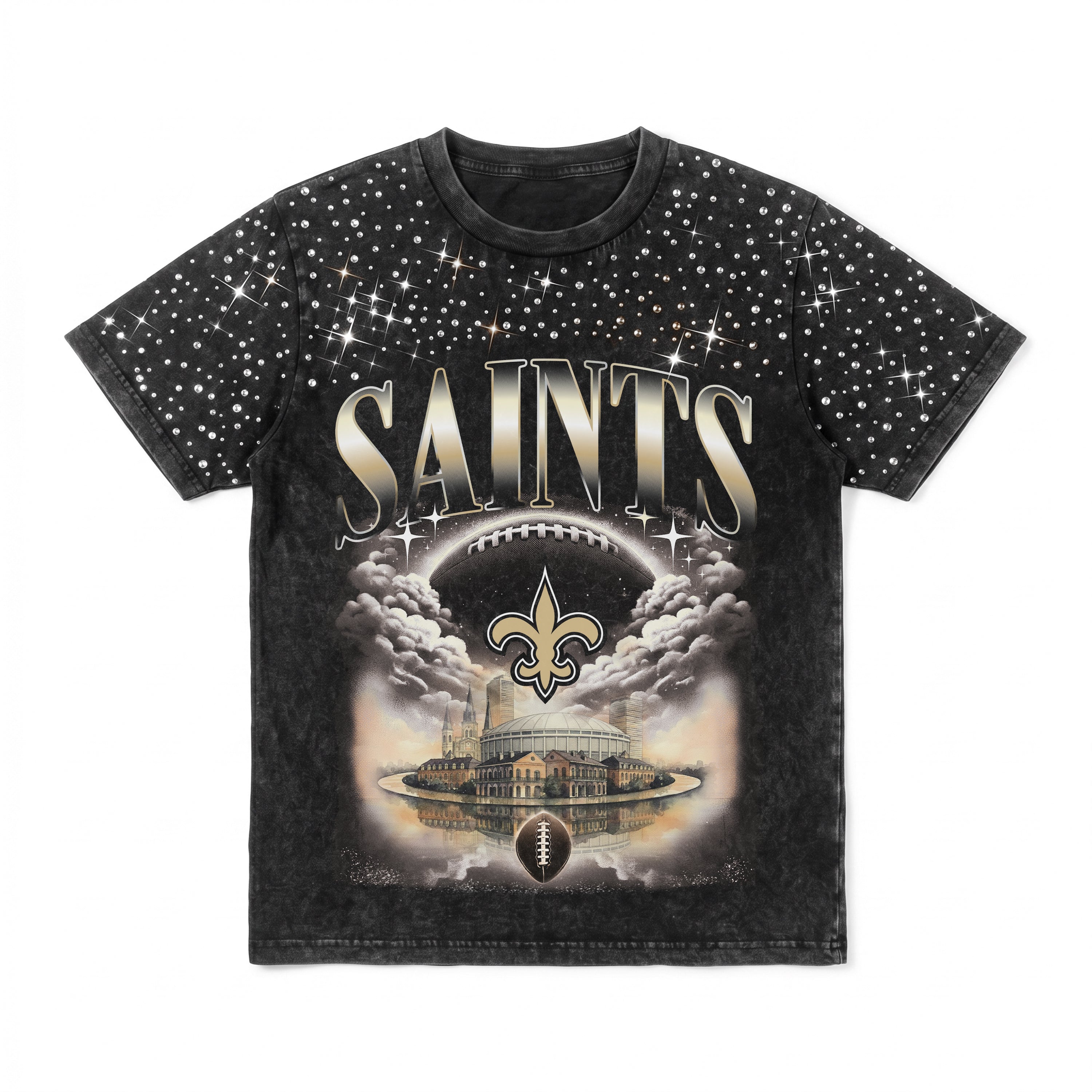 NEW ORLEANS SAINTS SKY'S THE LIMIT VINTAGE WASH RHINESTONE TEE