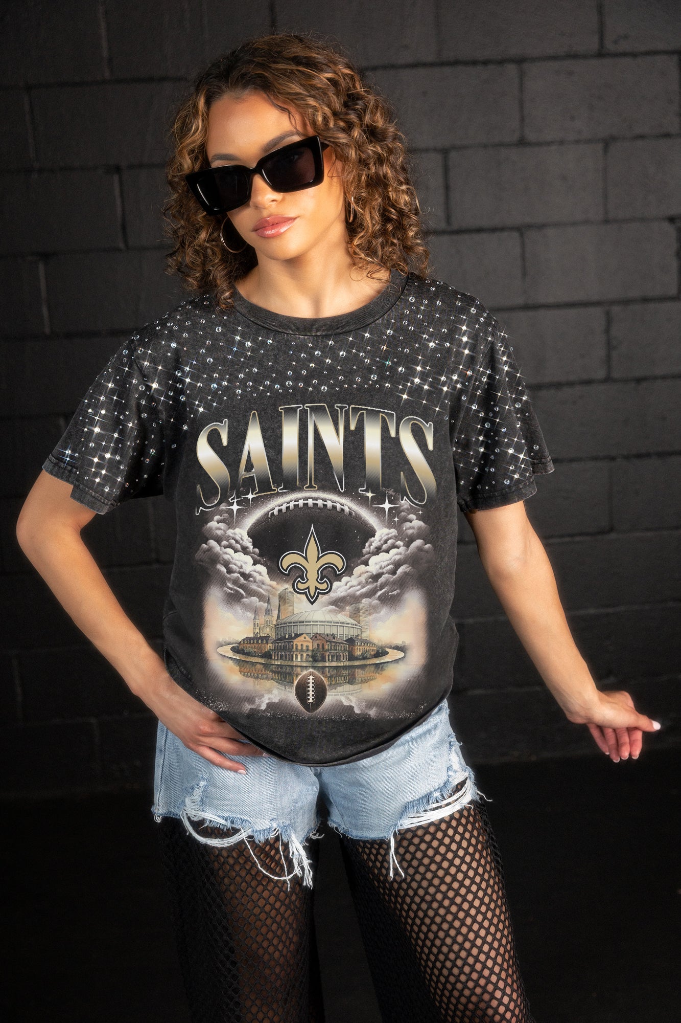 NEW ORLEANS SAINTS SKY'S THE LIMIT VINTAGE WASH RHINESTONE TEE