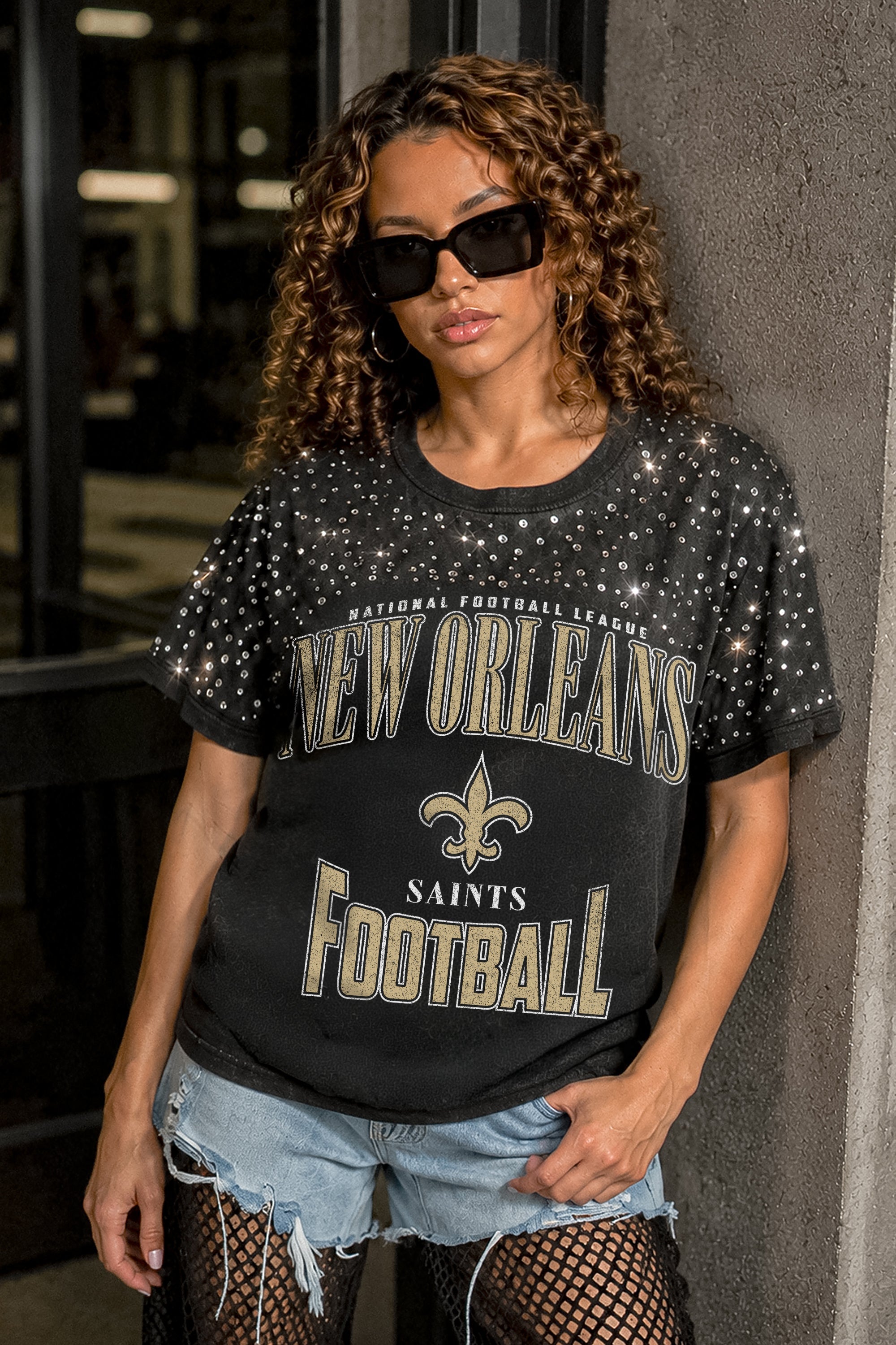 NEW ORLEANS SAINTS IN THE ZONE VINTAGE WASH RHINESTONE TEE