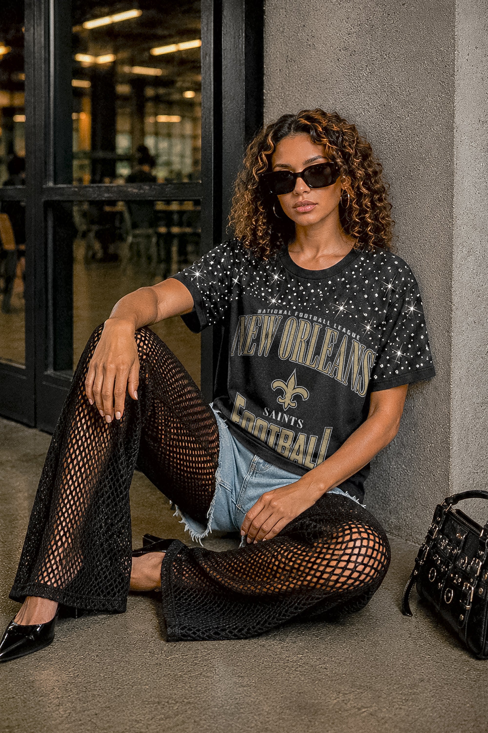 NEW ORLEANS SAINTS IN THE ZONE VINTAGE WASH RHINESTONE TEE