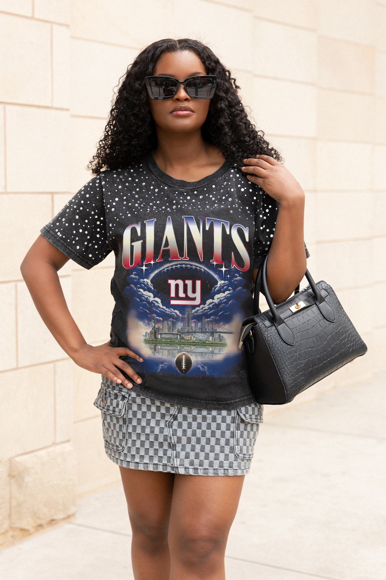 NEW YORK GIANTS SKY'S THE LIMIT VINTAGE WASH RHINESTONE TEE
