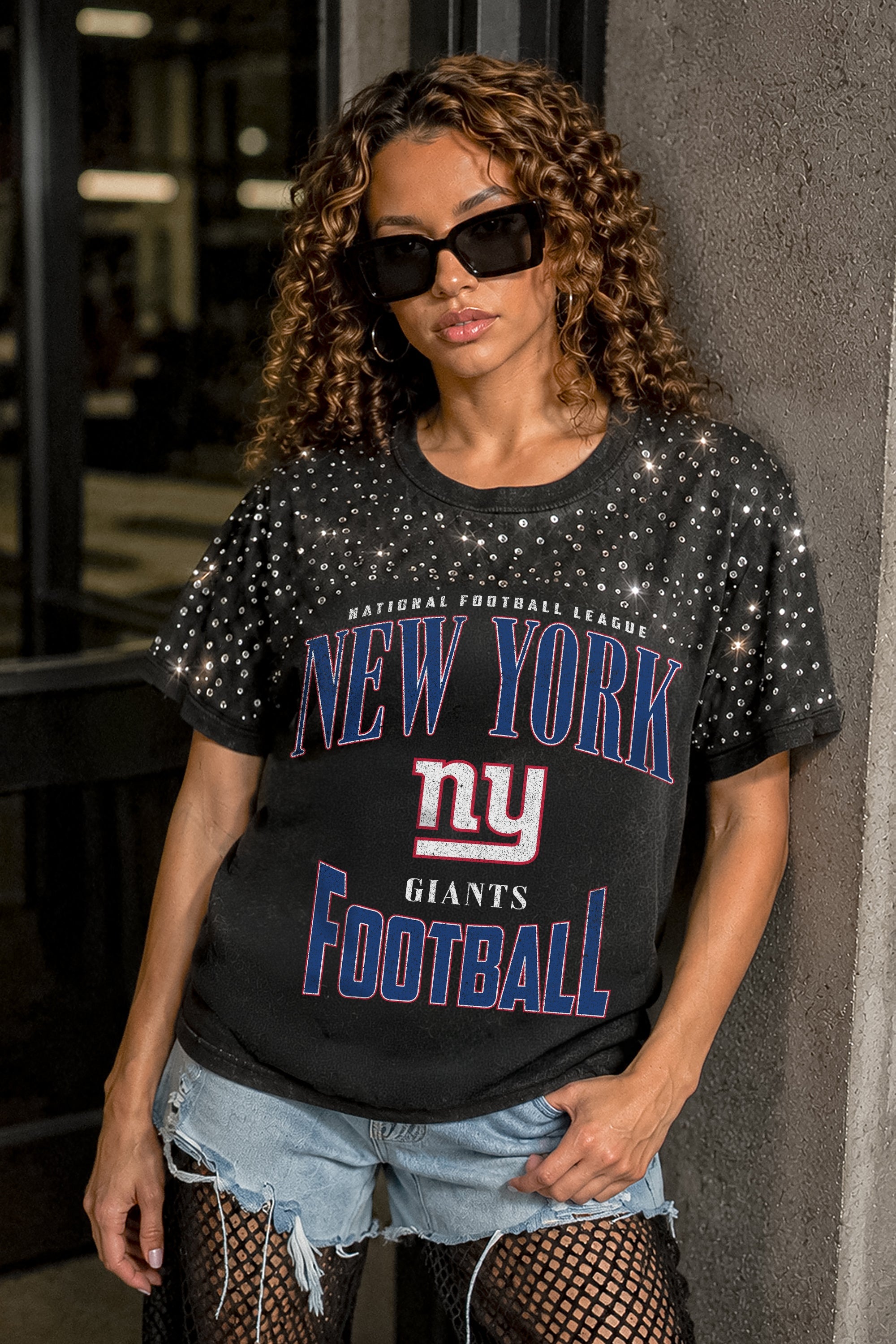 NEW YORK GIANTS IN THE ZONE VINTAGE WASH RHINESTONE TEE