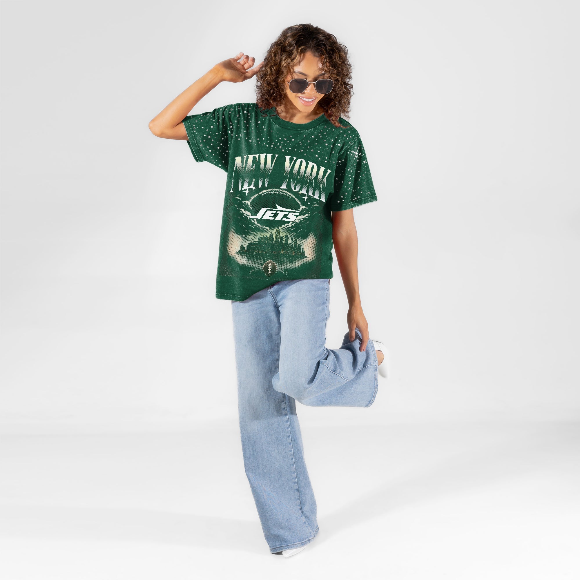 NEW YORK JETS SKY'S THE LIMIT VINTAGE WASH RHINESTONE TEE