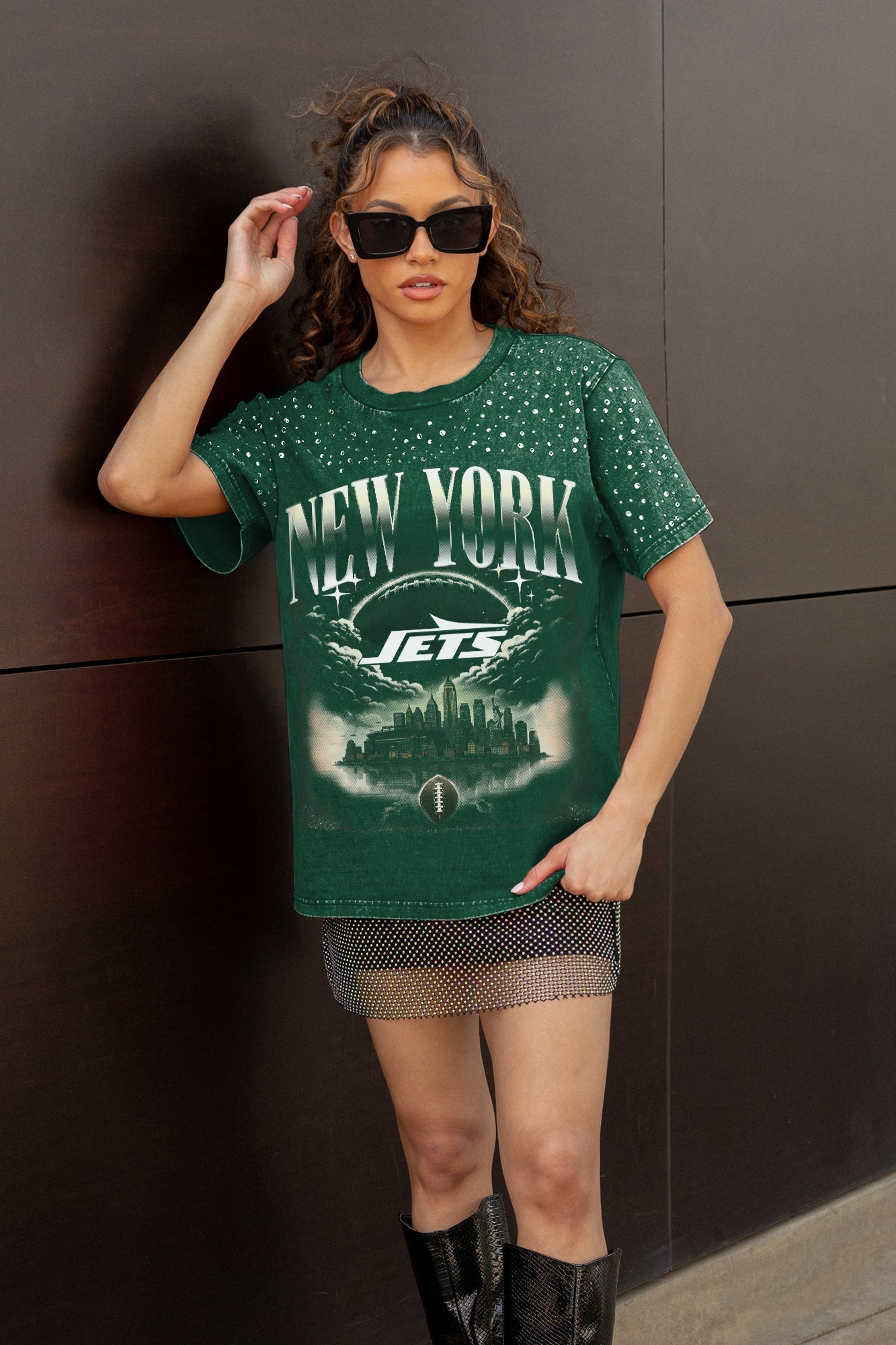 NEW YORK JETS SKY'S THE LIMIT VINTAGE WASH RHINESTONE TEE