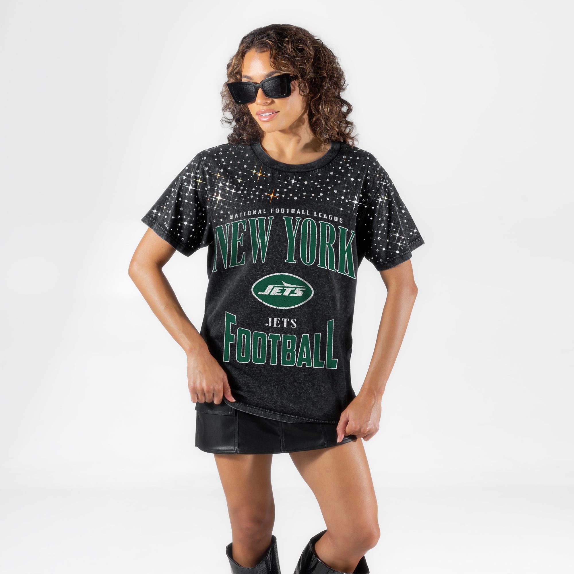 NEW YORK JETS IN THE ZONE VINTAGE WASH RHINESTONE TEE