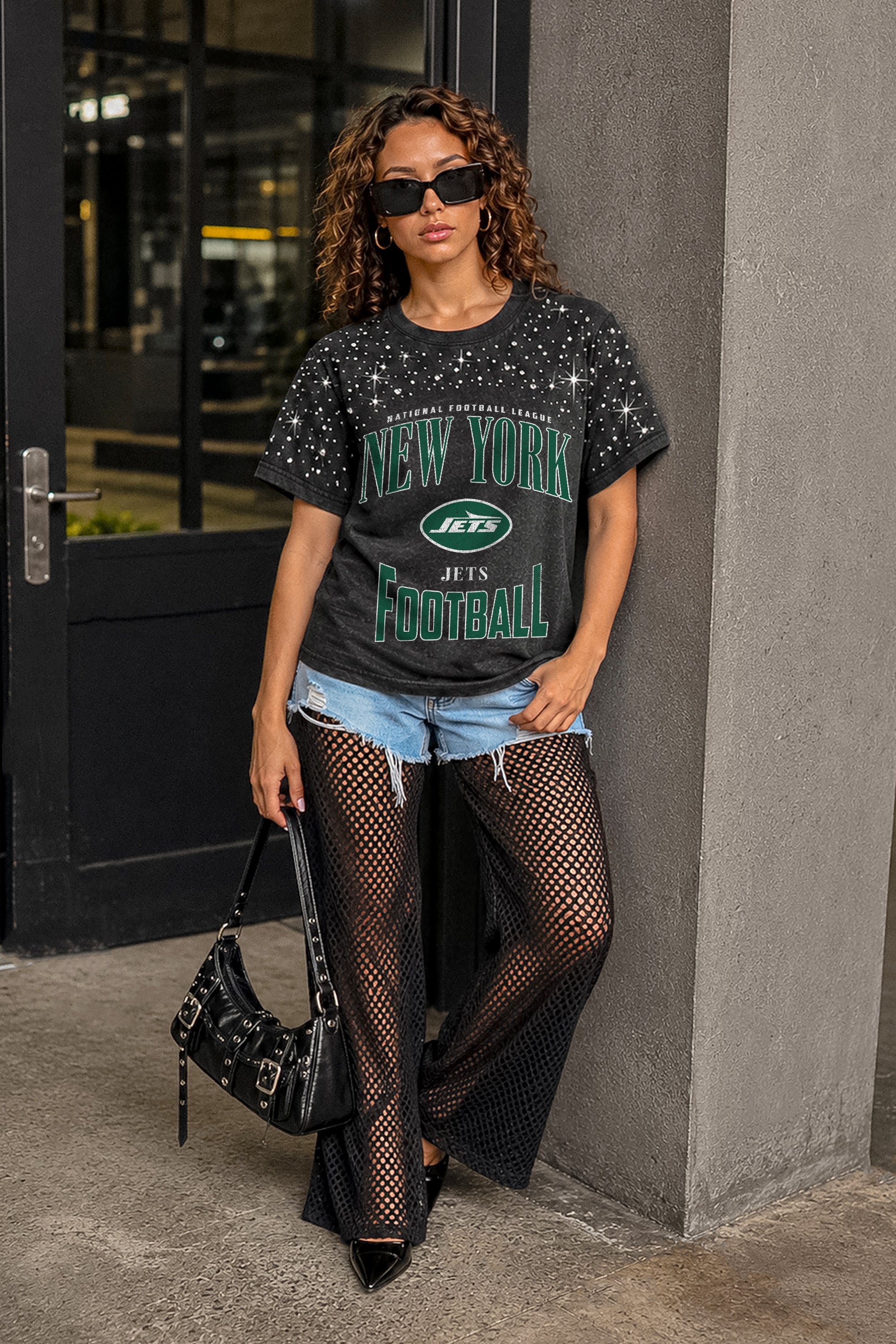 NEW YORK JETS IN THE ZONE VINTAGE WASH RHINESTONE TEE