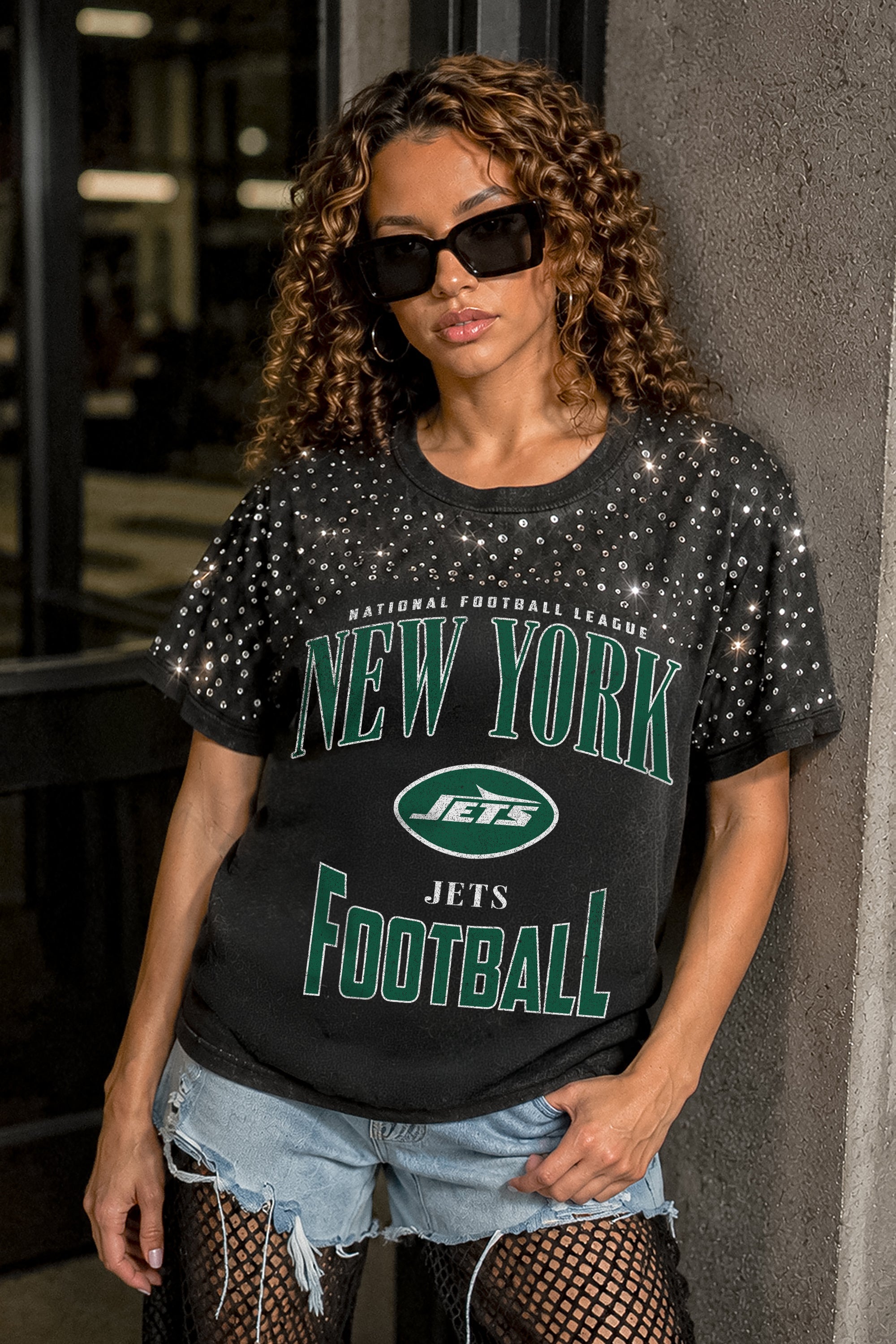 NEW YORK JETS IN THE ZONE VINTAGE WASH RHINESTONE TEE