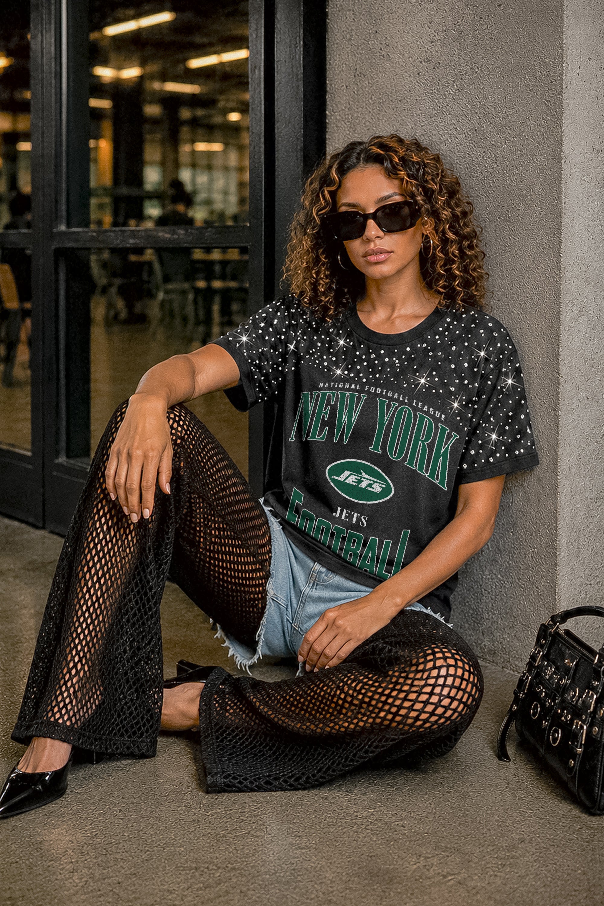 NEW YORK JETS IN THE ZONE VINTAGE WASH RHINESTONE TEE