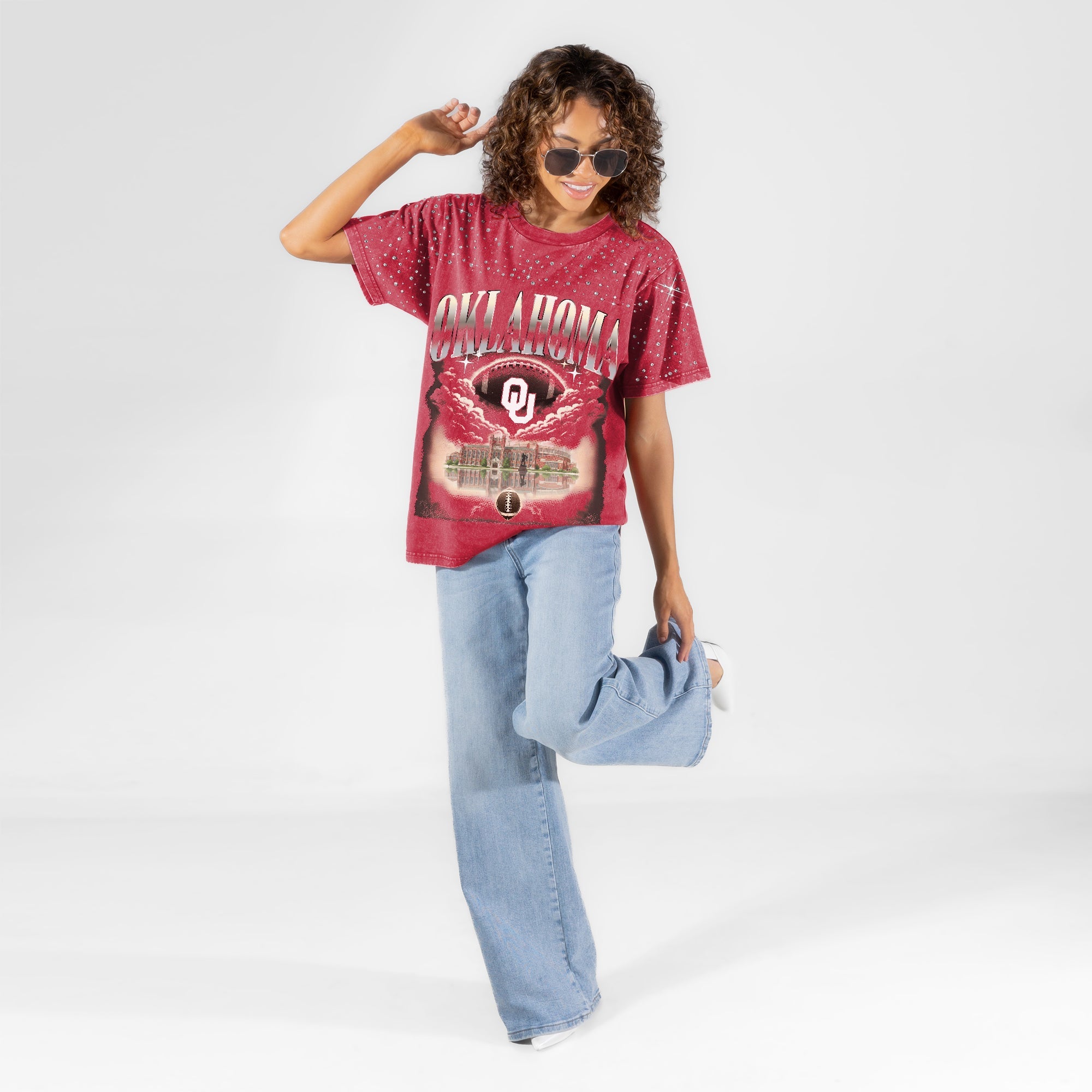 OKLAHOMA SOONERS SKY'S THE LIMIT VINTAGE WASH RHINESTONE TEE