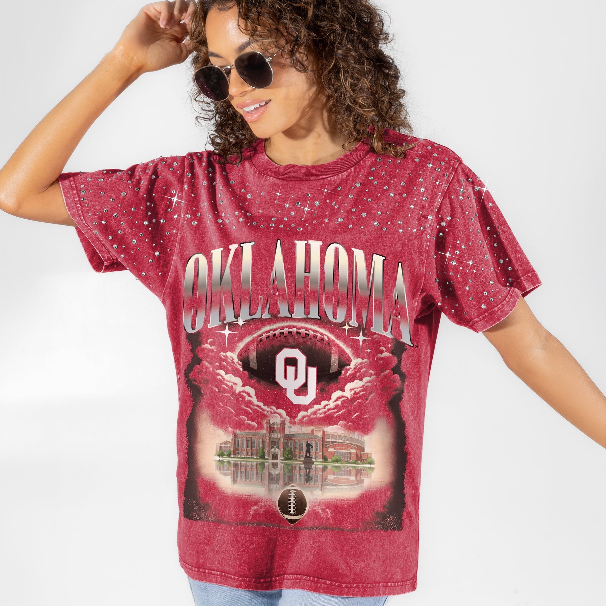 OKLAHOMA SOONERS SKY'S THE LIMIT VINTAGE WASH RHINESTONE TEE